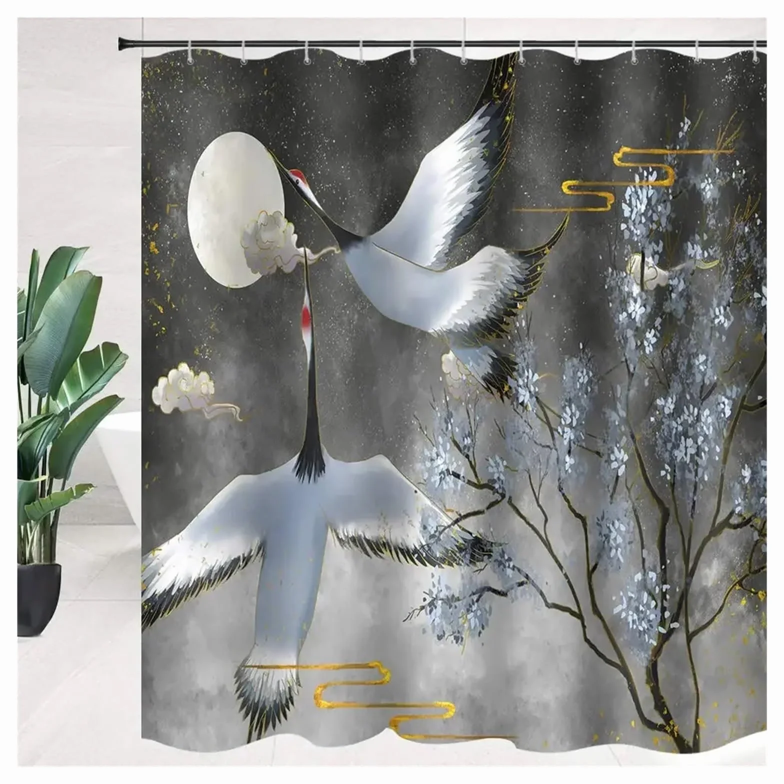 Cortina de Ducha con diseño Tradicional de pinos y grullas Volando, Arte paisajístico, Cortinas de Ducha Impermeables for baño, Ganchos(Color-05,W240xH180cm)