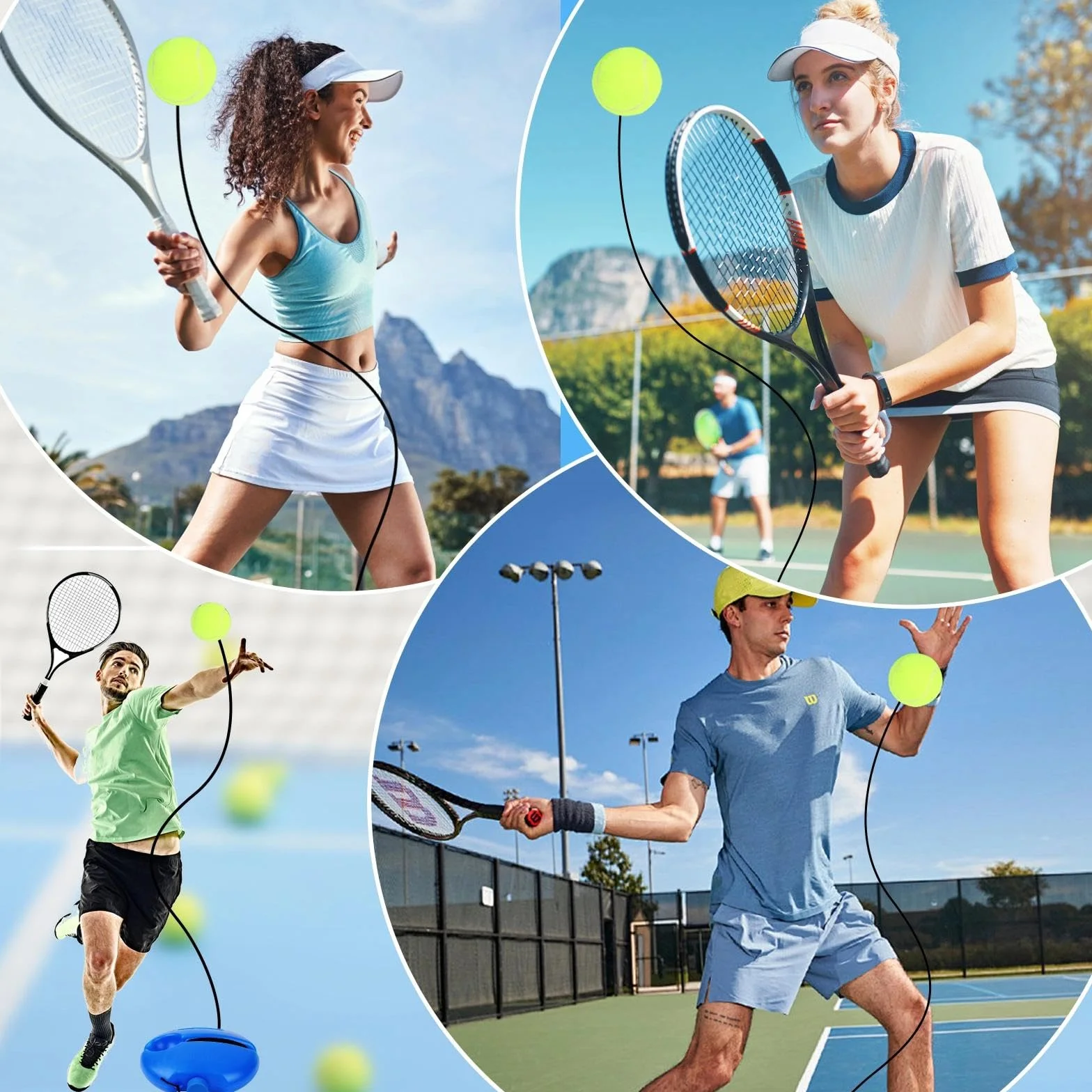 AKONE Juego de entrenamiento de tenis, tabla de base con 3 pelotas de tenis con alambre, herramienta de entrenamiento para entrenamiento de tenis, equipo de entrenamiento de tenis para exteriores,