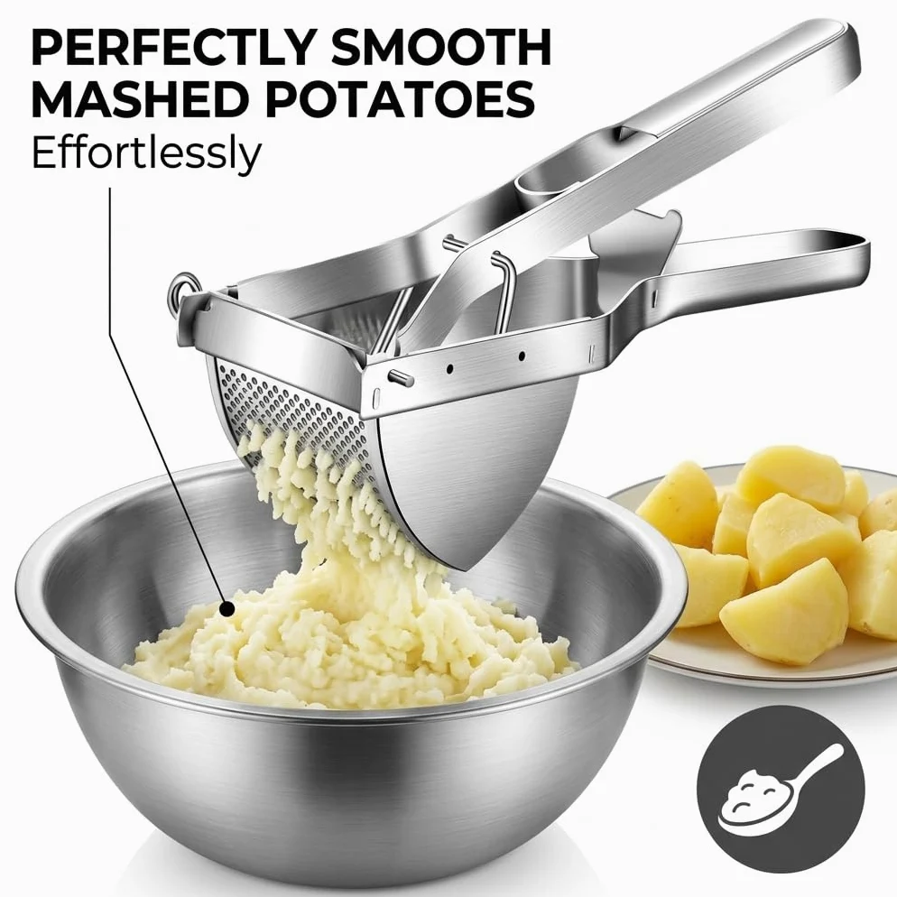 Prensador de patatas de acero inoxidable con raspador de masa, exprimidor para puré de papas, triturador profesional, herramienta de cocina, prensa de frutas, triturador de alimentos para bebés,