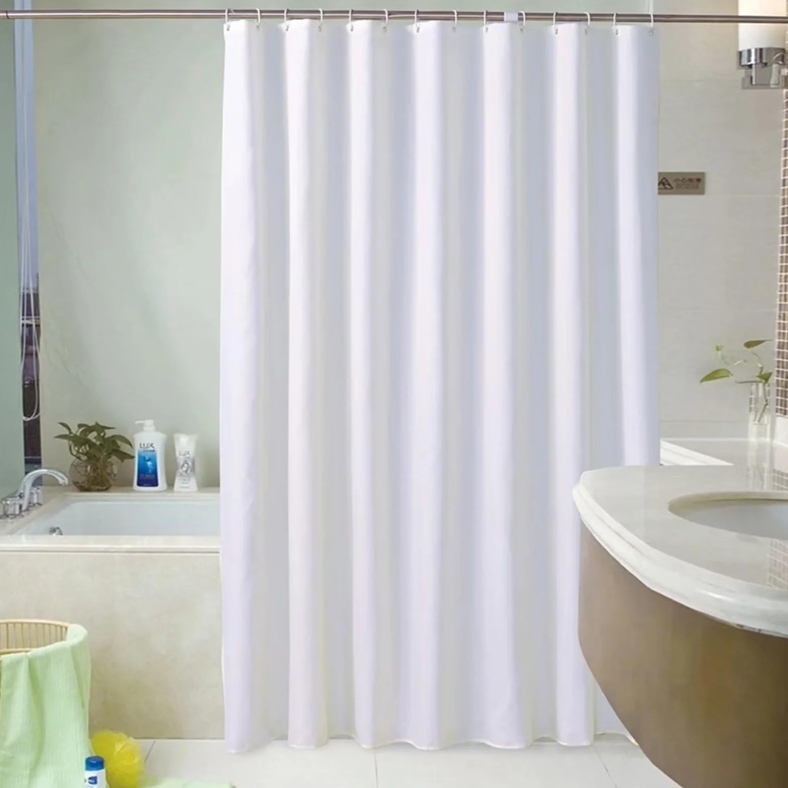 Cortina de ducha impermeable blanca de 90 x 190 cm, poliéster, lavable, con 12 ganchos y dobladillo pesado, ideal para bañera y uso al aire libre, elegante decoración de baño.