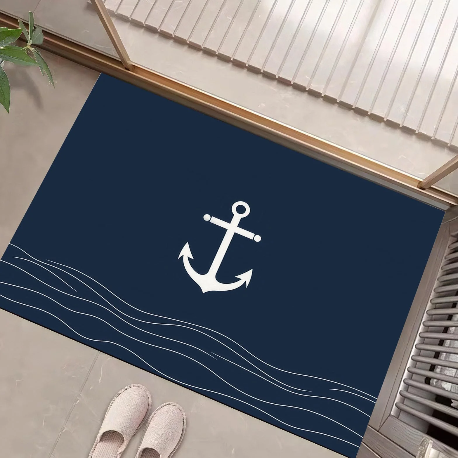 Alfombra 40 X 60 Cm con Base Antideslizante,Pelo Corto Multiusos Dibujos Tema Náutico Lavable Felpudo Entrada Casa, Ancla Blanca Atrapapolvo Felpudo para Puertas Y Pasillos