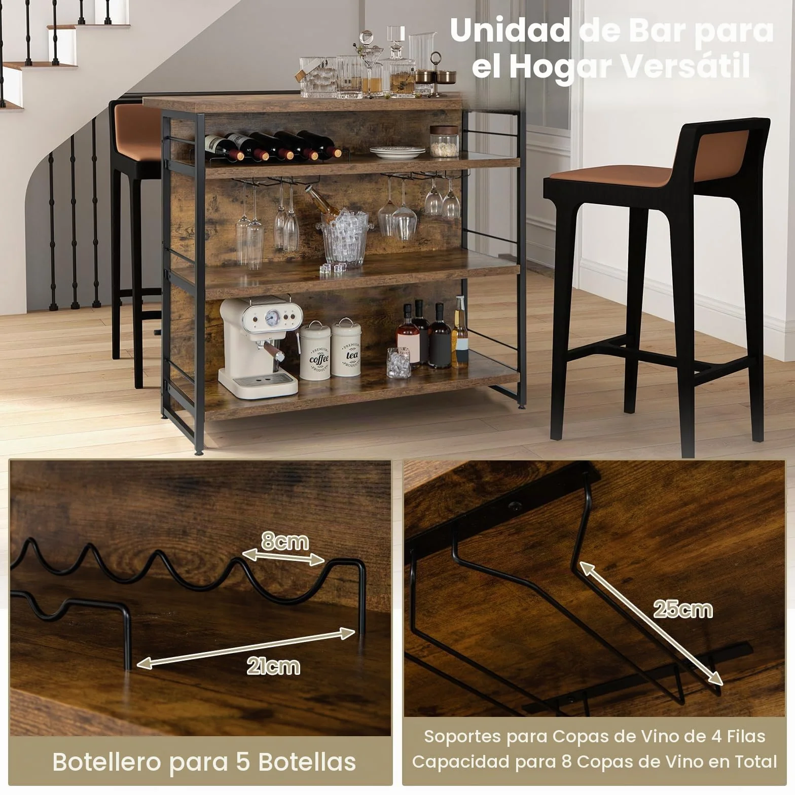 KOMFOTTEU Mesa Alta de Bar para Cocina, Mesa Barra de 4 Niveles con Botellero y Soporte para Cristal, Mueble de Comedor con Reposapiés, 120 x 60 x 101 cm (Industrial)