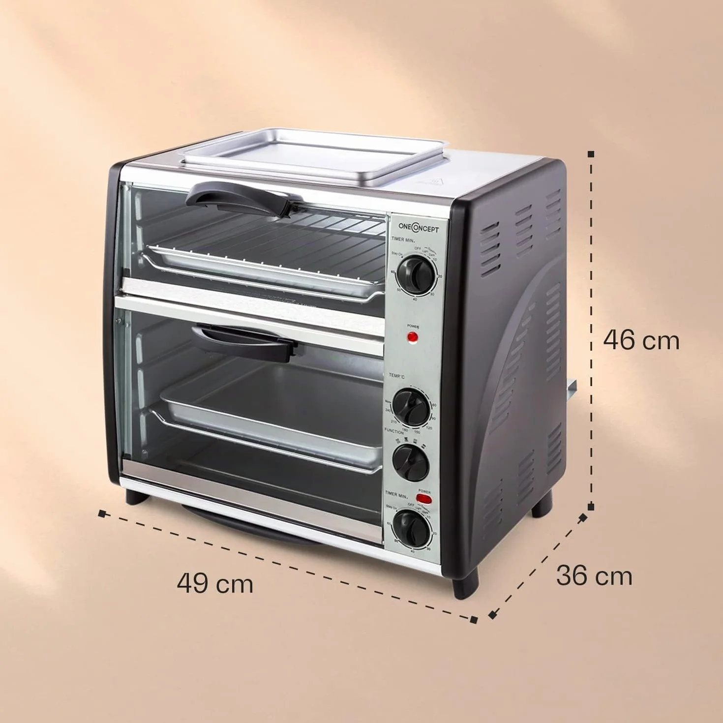 oneConcept All-You-Can-Eat Horno eléctrico doble - 2 cámaras de cocción, Parrilla superior, Capacidad Total 42 L, 2400 W, Temperatura: 60-240°C, Temporizador, Acero inoxidable, Plateado