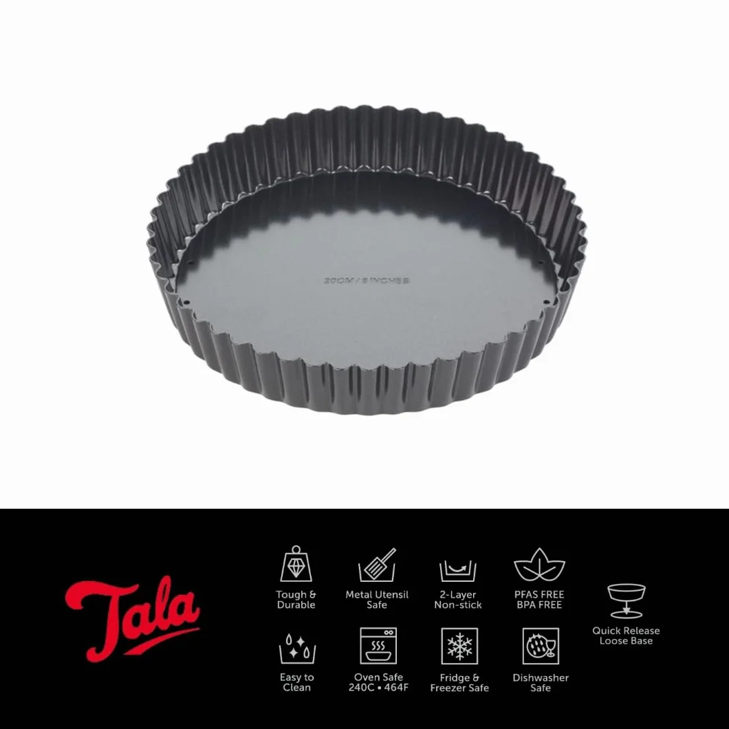 Tala Performance - Lata estriada para tarta (20 cm de diámetro, acero al carbono de calibre profesional con revestimiento antiadherente Eclipse, base suelta, perfecta para tartas saladas o dulces, flans, quiches o postres