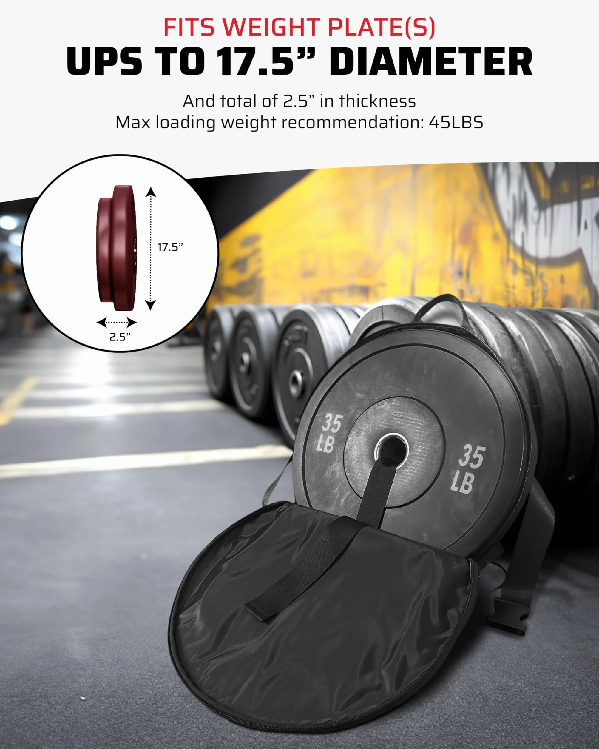THEFITGUY Mochila pesada para pesas de gimnasio, para flexiones, elevaciones de pantorrillas, sentadillas, uso en la espalda o en la parte delantera, se adapta a placas de hasta 17.5 pulgadas de