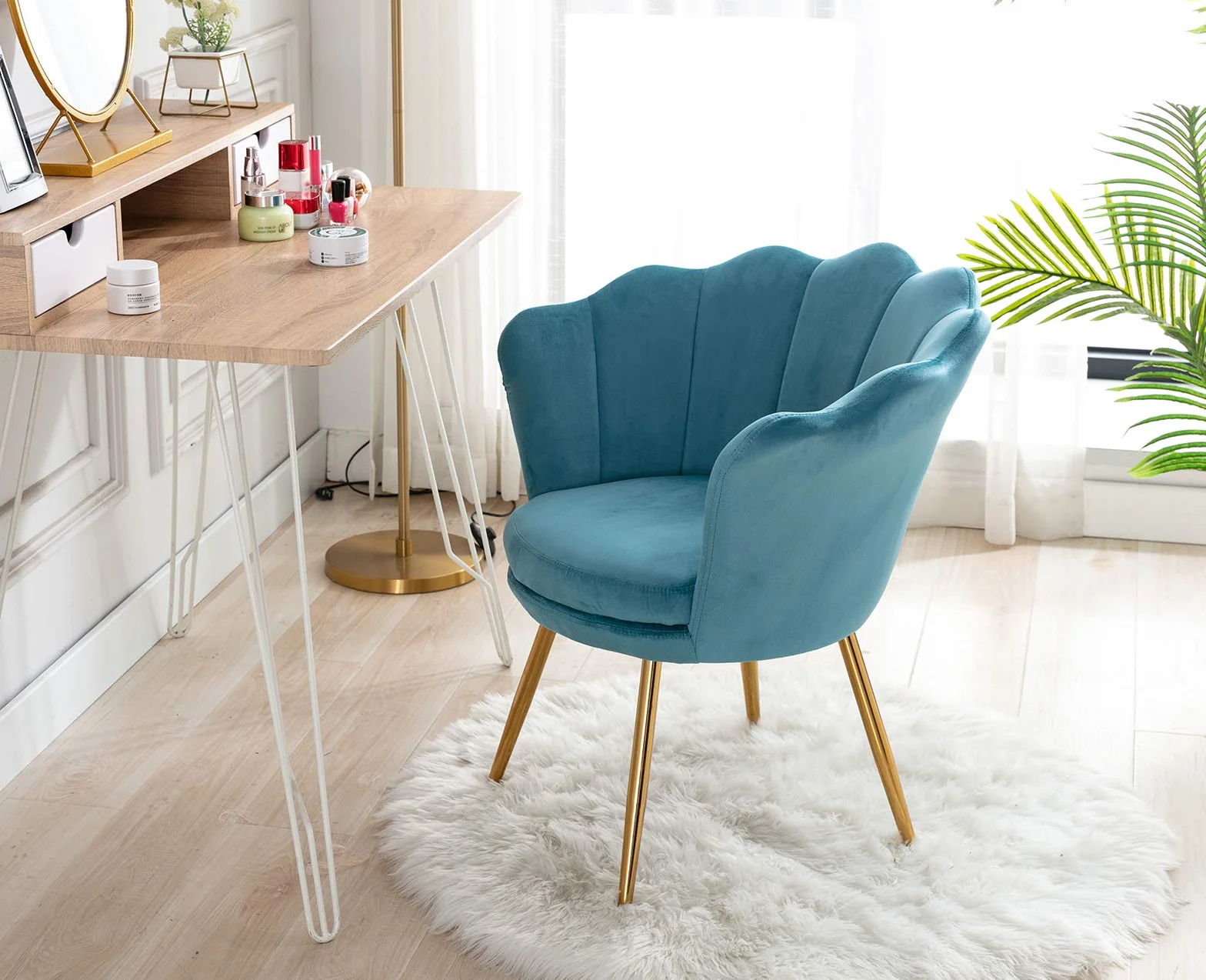 chairus Sillón de Salón Elegante Sillón de Tocador con Respaldo Floral, Silla Tocador Maquillaje Sillon Lounge de Terciopelo para Salón/Dormitorio, Azul Claro