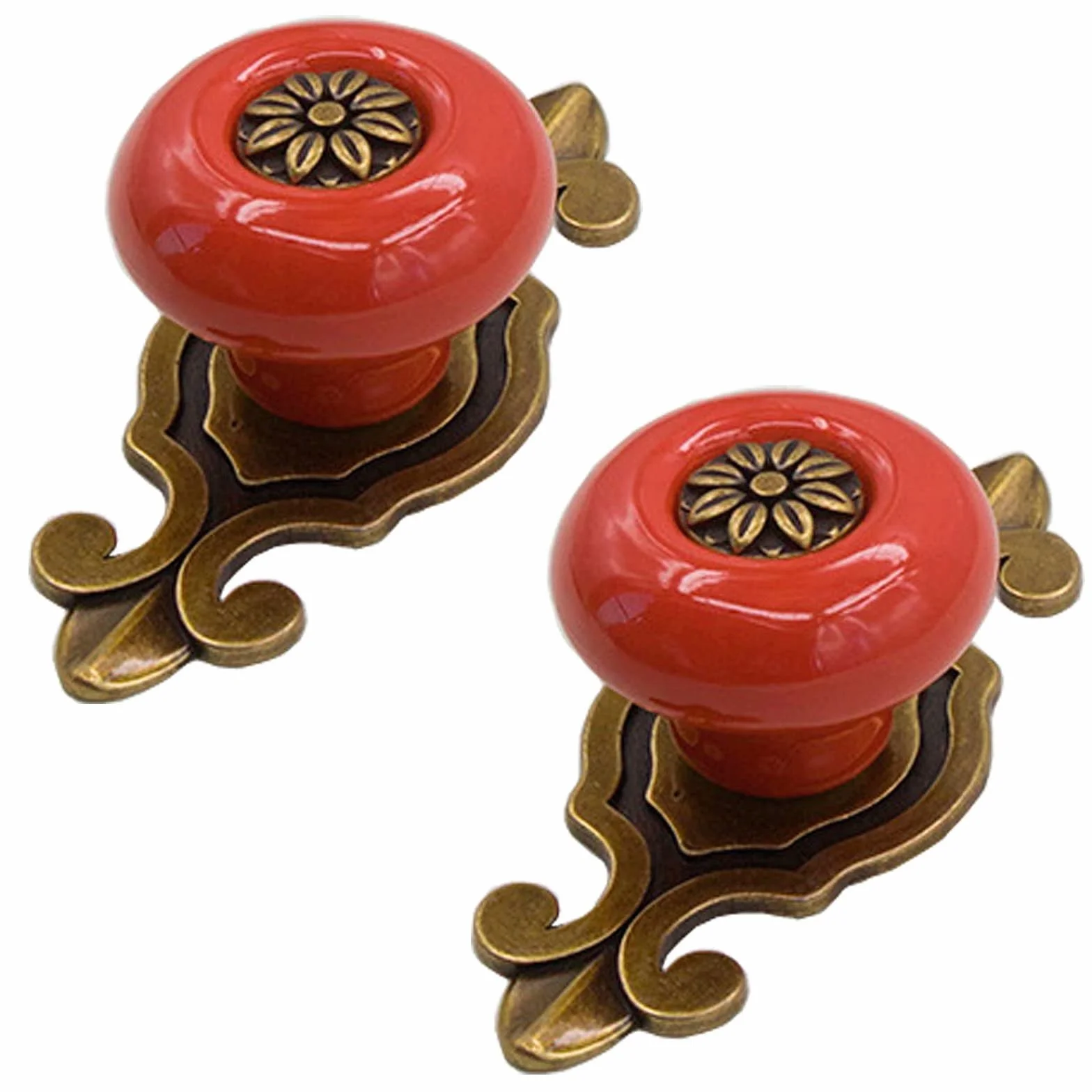 Pomos de cerámica amarillos con placa de bronce, estilo retro para muebles