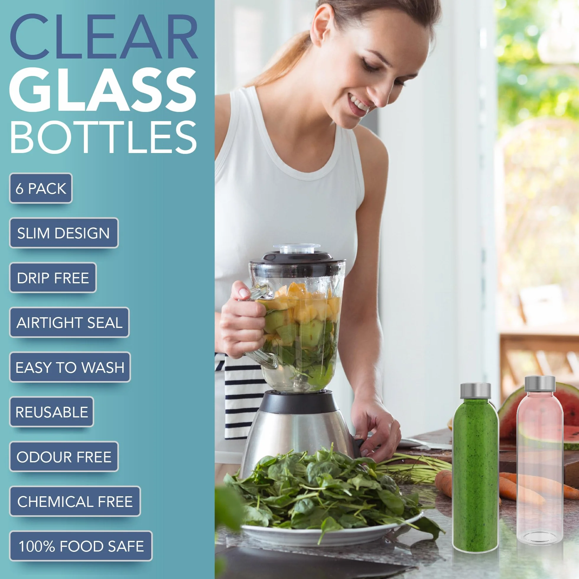 HEFTMAN Botellas de cristal de 500ml con tapa, botella de agua de vidrio vacía, hermética, a prueba de fugas, tapa de acero inoxidable, agua, batidos, botellas de zumo para trabajo, gimnasio, hogar