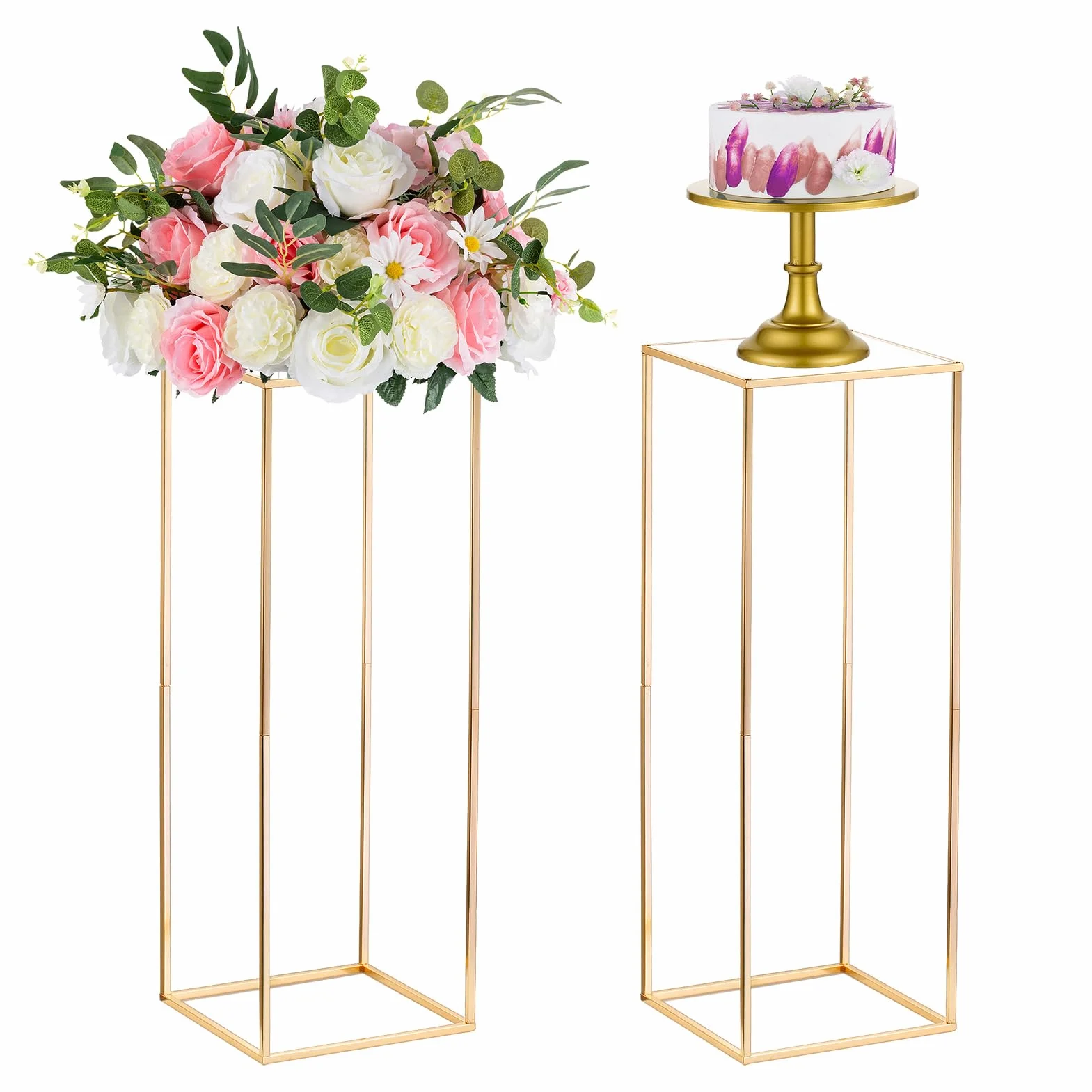 Nuptio 2 Piezas Jarrones Oro para Mesas Centro Boda, Soporte Flores Columna Jarrón Piso Flores Metal, Florero Geométrico 80cm Alto, Estante Exhibición Flores Rectangular para Boda Fiesta Casa