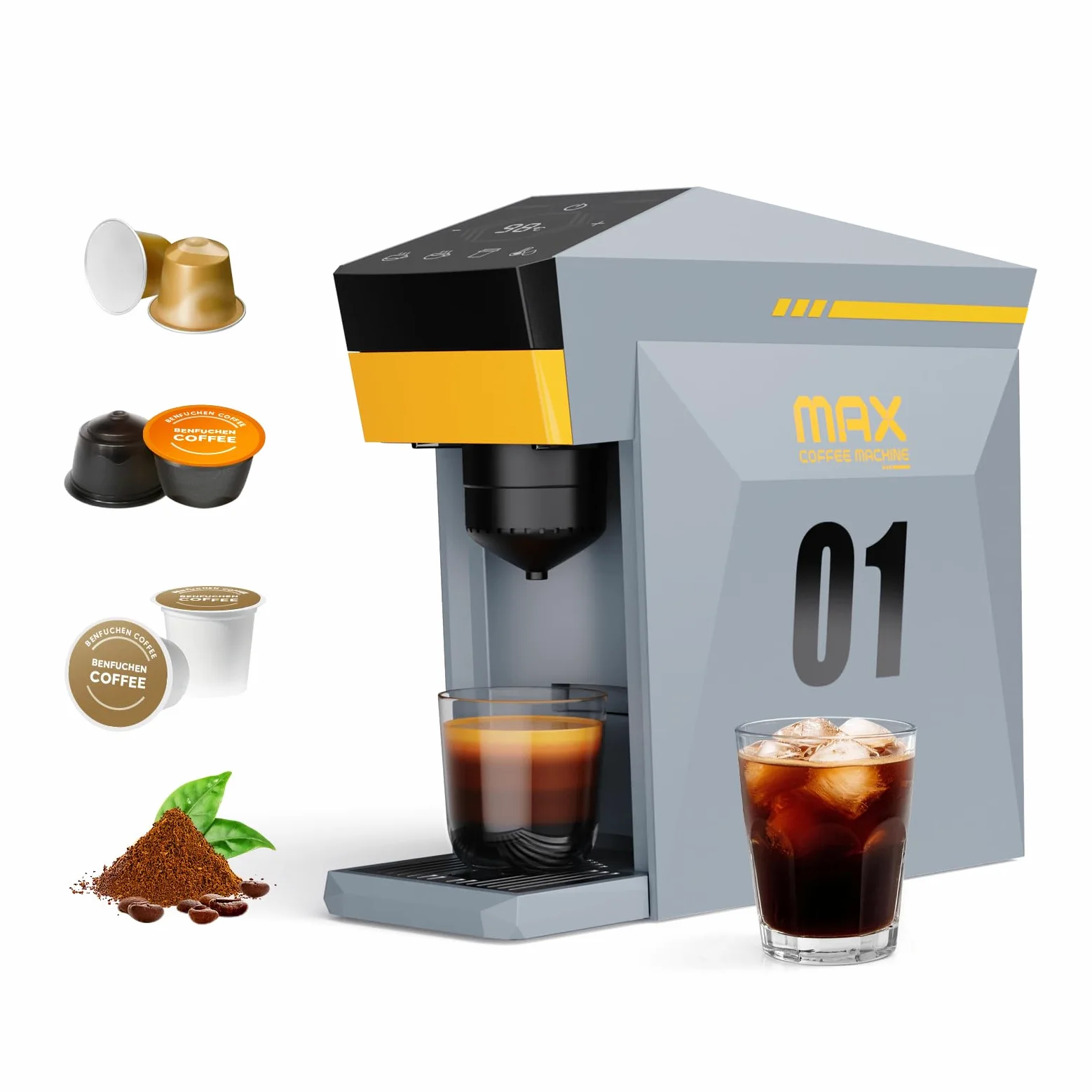 Cafetera 4 en 1, cafetera espresso 19 bares para cápsulas KCup/Nes presso OriginalLine/Dolce Gusto/Café molido, gris nublado