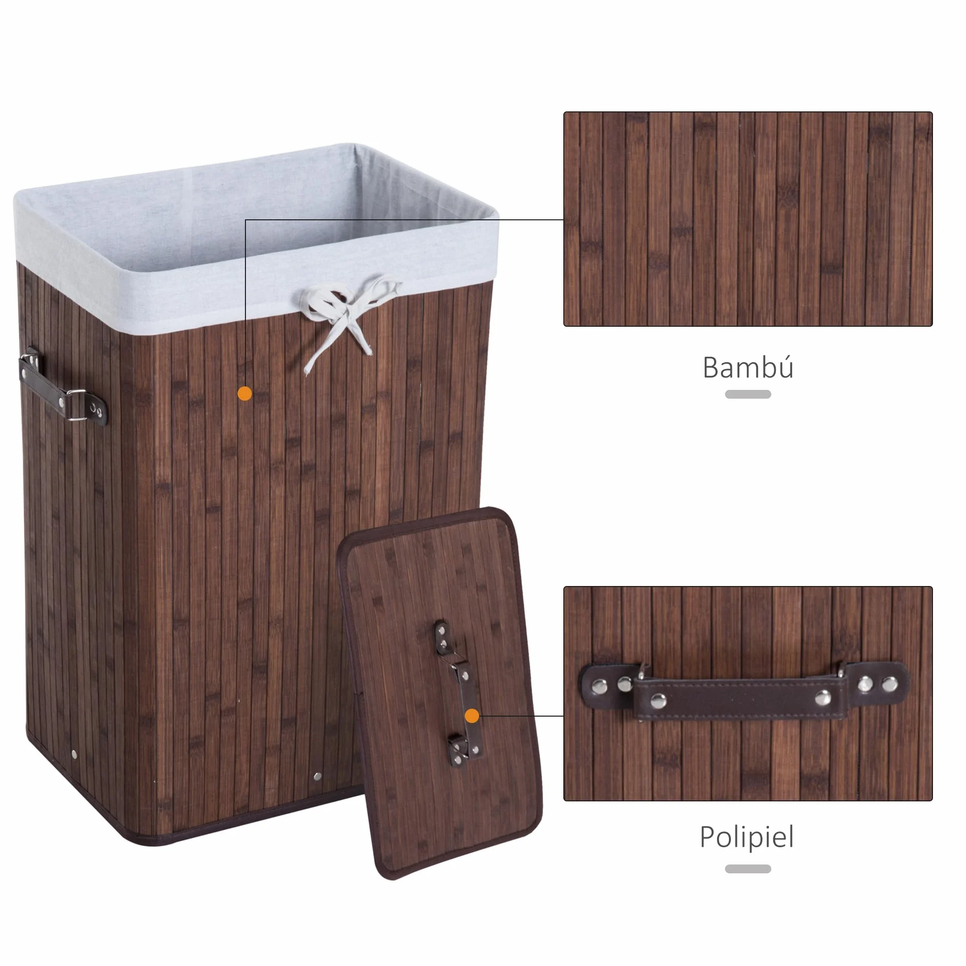HOMCOM Cesto de Ropa Sucia Plegable con Tapa 67L, Cesta Ropa Sucia de Bambú, 2 Compartimentos, Bolsa Extraíble, para Dormitorio, Baño, Lavandería, 40x30x60 cm, Marrón