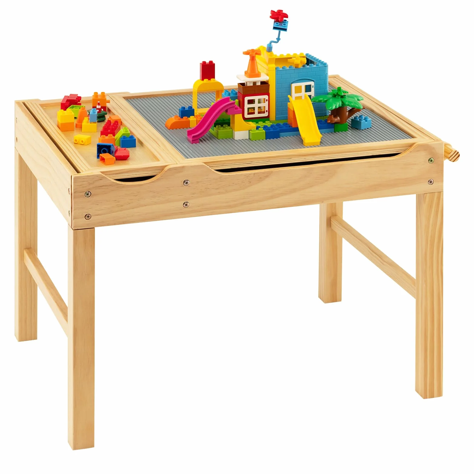 LIFEZEAL 2 en 1 Mesa de Actividades Infantil, Mesa de Dibujo y Bloques de Construcción con Espacio de Almacenaje, Bandeja Reversible, Rodillo para Papel, Escritorio de Madera para Niños (Natural)