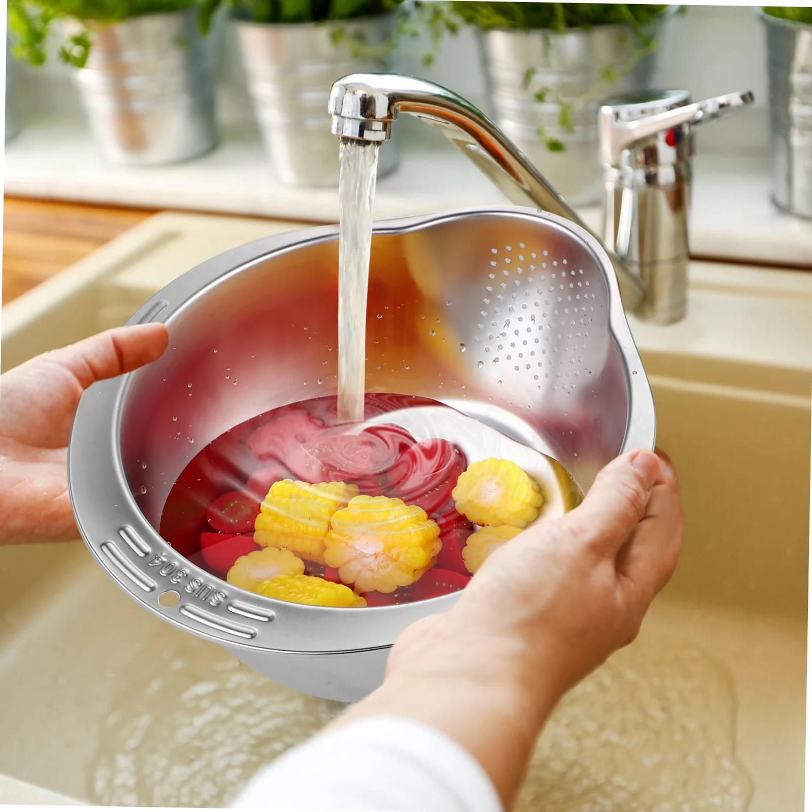 GLEAVI Lavadero de Arroz Acero Inoxidable Colador Multifuncion para Cocina Tazón Escurridor Alimentos Lavar Arroz Fruta Vegetales