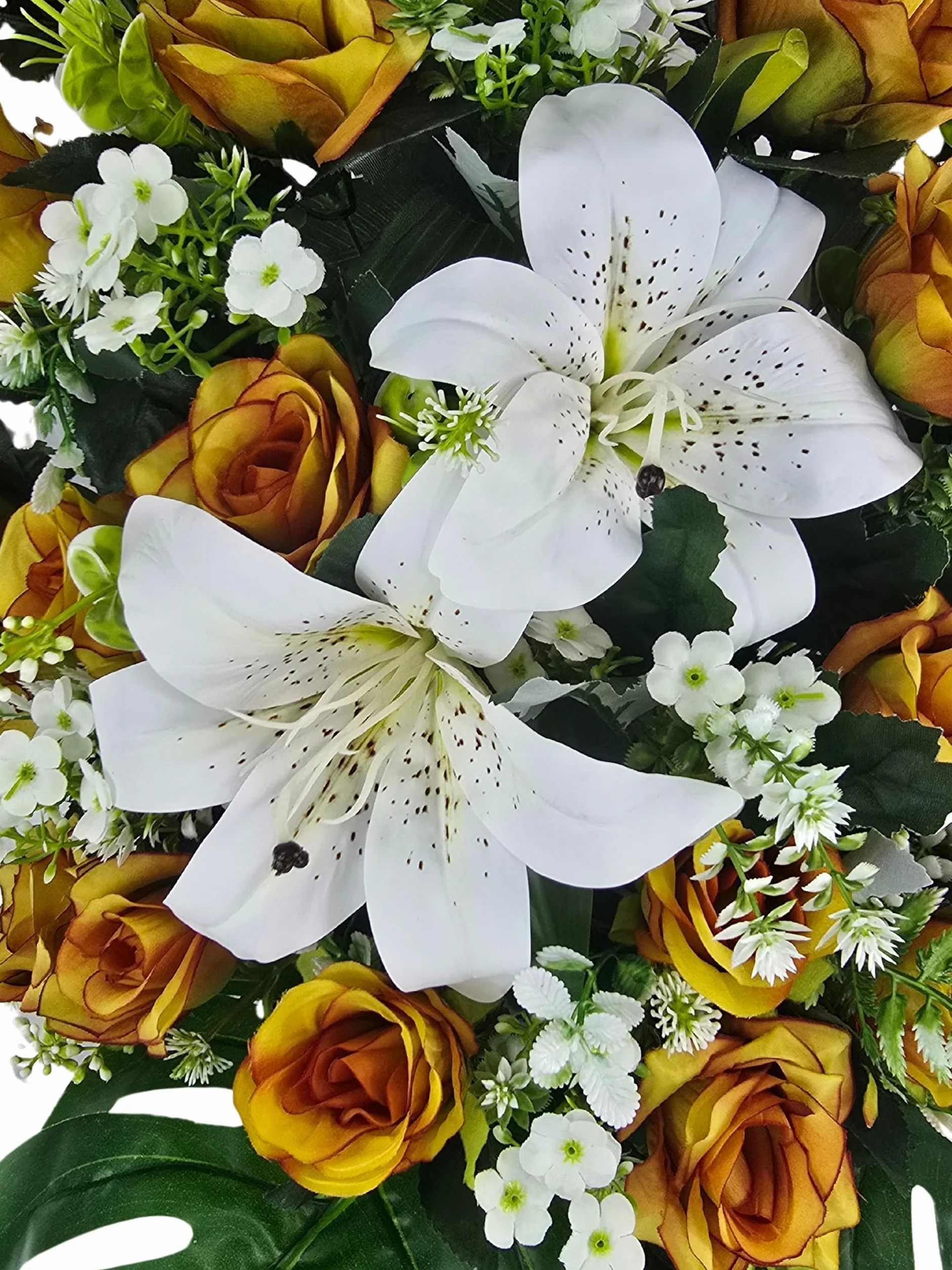 DRW Centro de Flores Cementerio, procesiones, Iglesias Bodas o sepulturas Rosas otoñales y liliums Blancos Artificiales 60x28x56