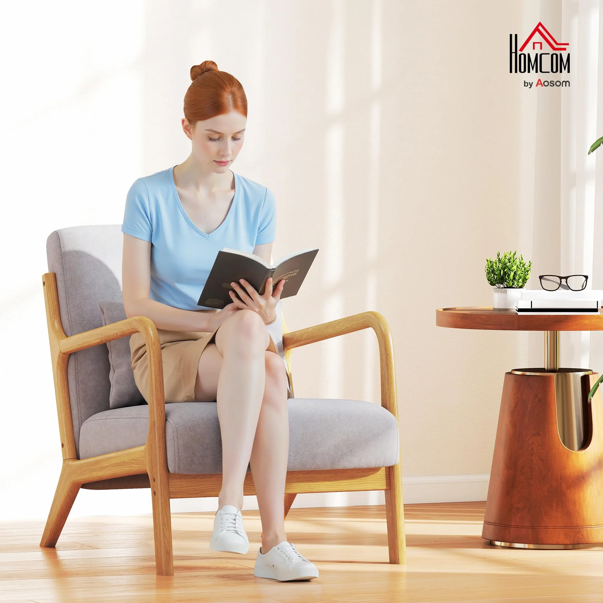HOMCOM Butaca de Salón Butaca Nórdica Sillón de Salón con Reposabrazos Cojín y Marco de Madera de Caucho para Dormitorio Carga 120 kg 61x78x76 cm Gris