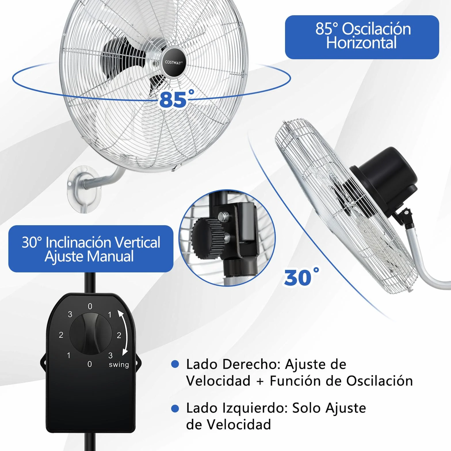 COSTWAY Ventilador Industrial de 120W, Ventilador de Pared Φ55cm con 3 Velocidades, Rotación Horizontal de 85°y Vertical de 30°, 3 Aspas de Aluminio, Metálico para Almacén y Taller (Plata)