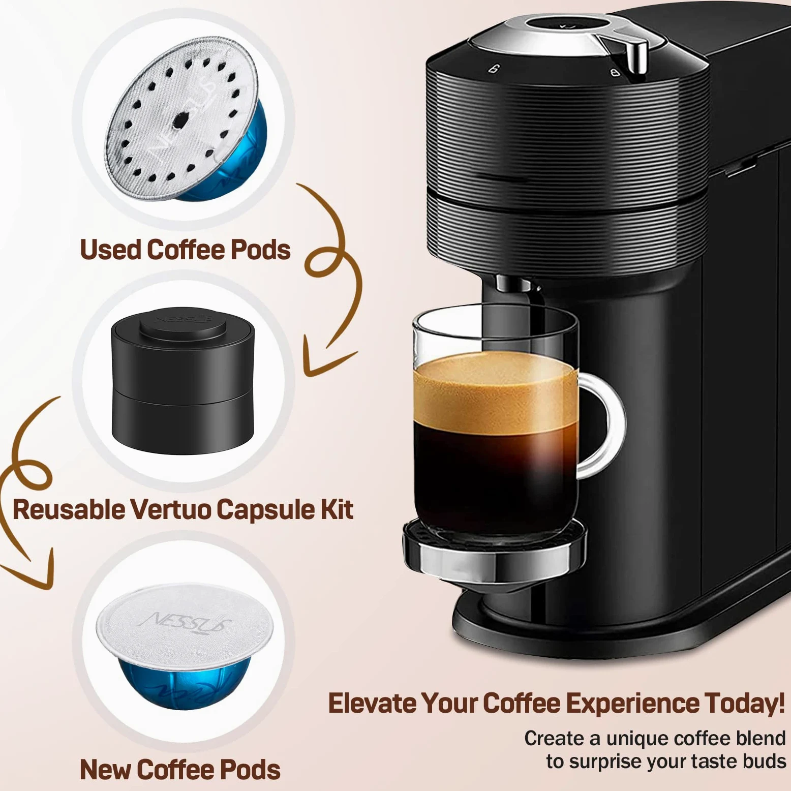 Nessus Kit de cápsulas Vertuo reutilizables, [ALSeal EZ FIT] para cápsulas reutilizables Nespresso con 100 tapas de sellado de papel de aluminio, soporte, cepillo, para rellenar cápsulas Vertuo