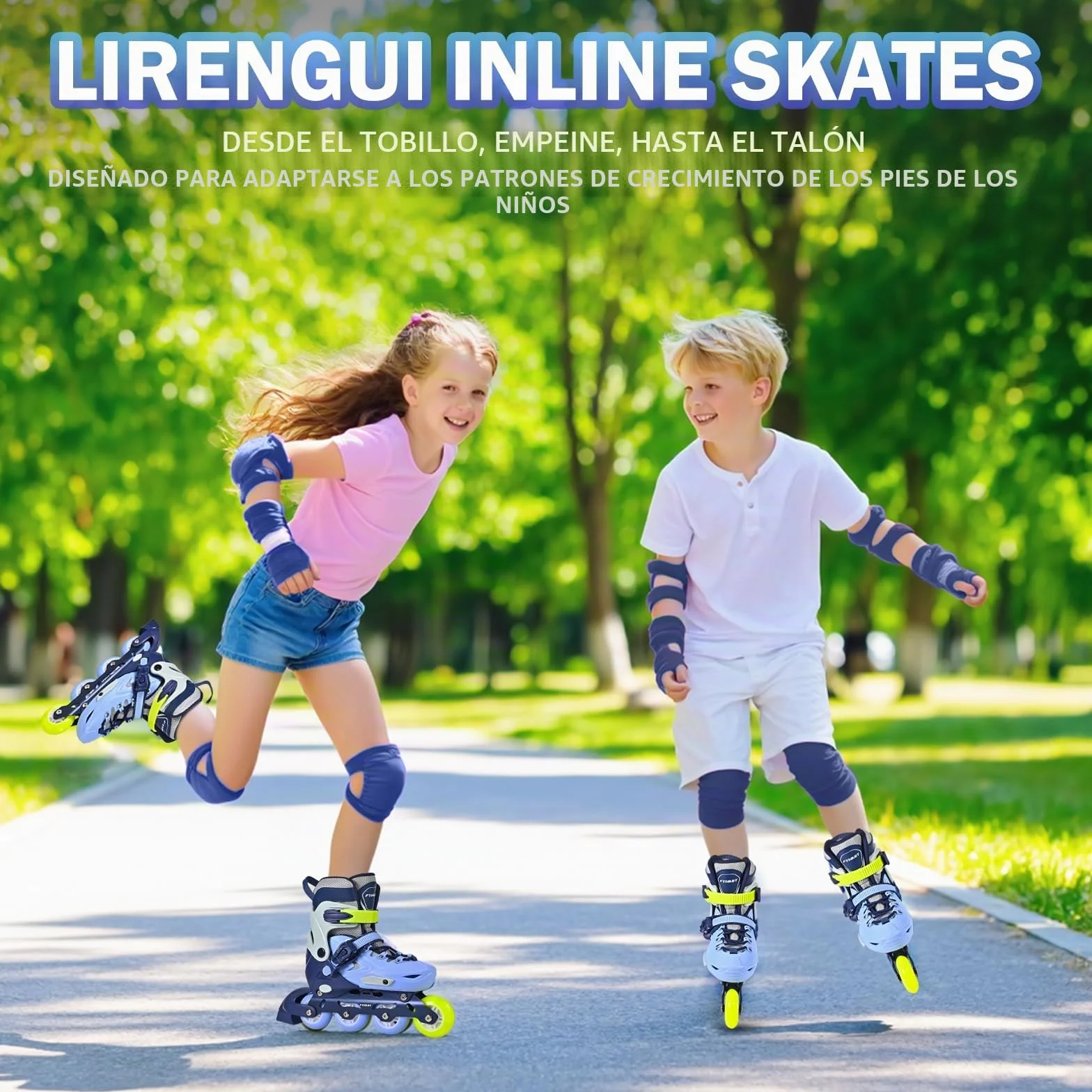 Patines en línea Ajustables para niños y niñas, 4 Ruedas con Ruedas Luminosas, Azul y Verde