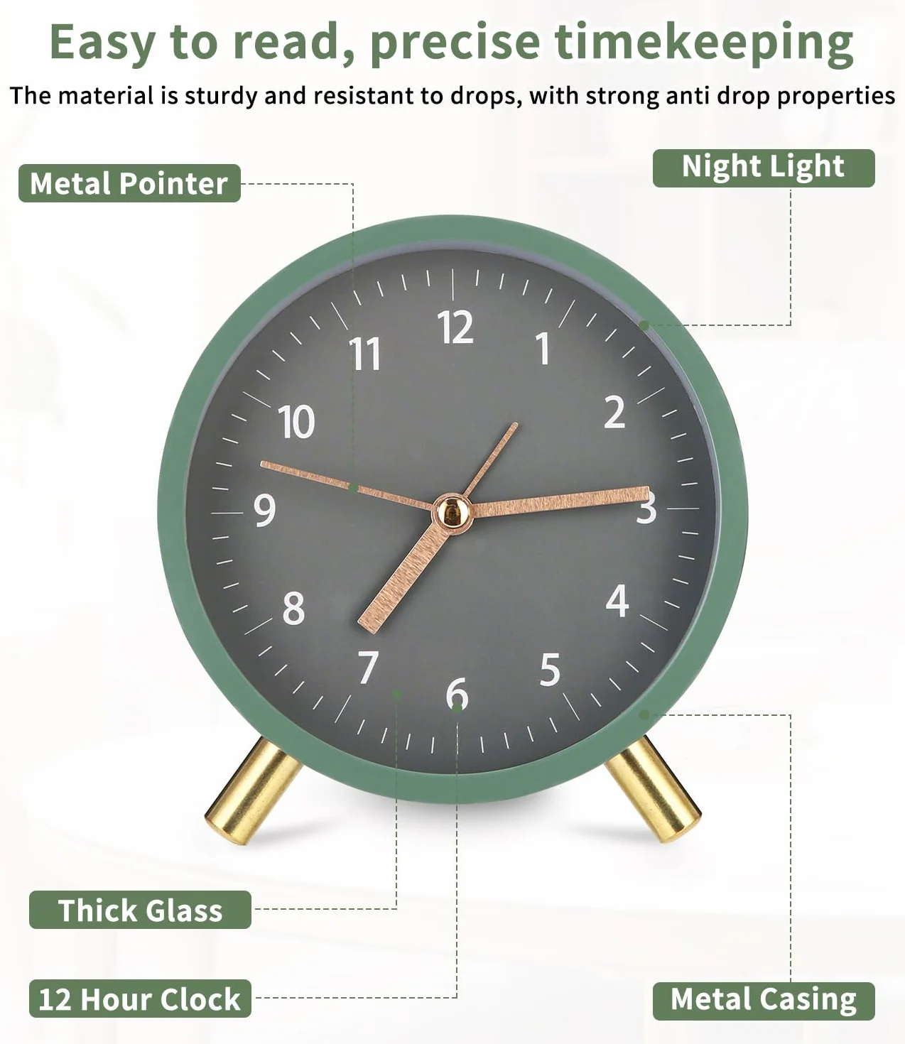 Reloj Despertador Analógico de Metal Redondo Verde Silencioso sin Tictac con Luz Nocturna para Dormitorio, Oficina y Viajes