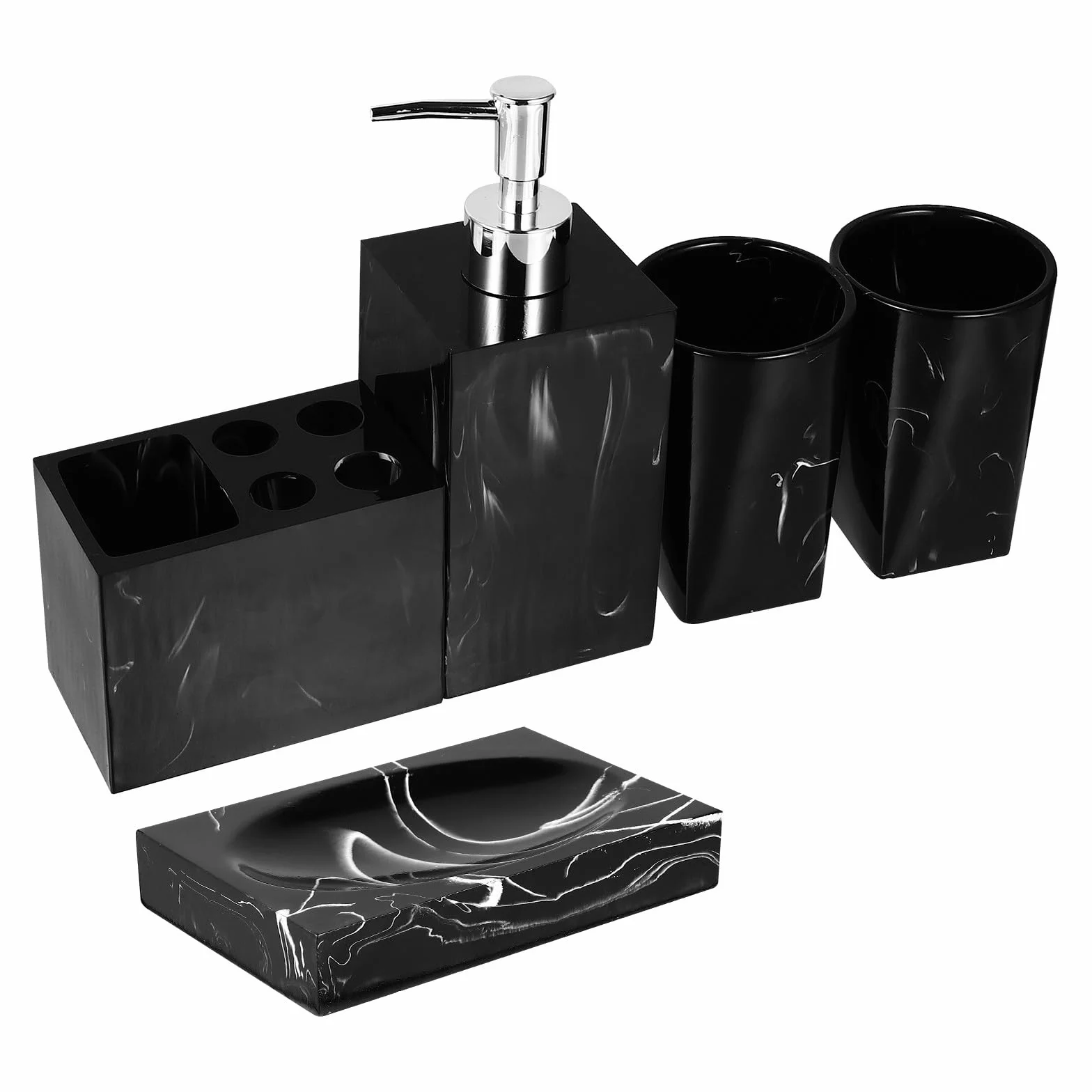 Veemoon Juego de Accesorios de Baño 5 Piezas en Resina Jaspeada Negra Soporte para Cepillos de Dientes Jabonera Vaso para Enjuague Bucal y Botella de Viaje Suministros de Baño Funcionales