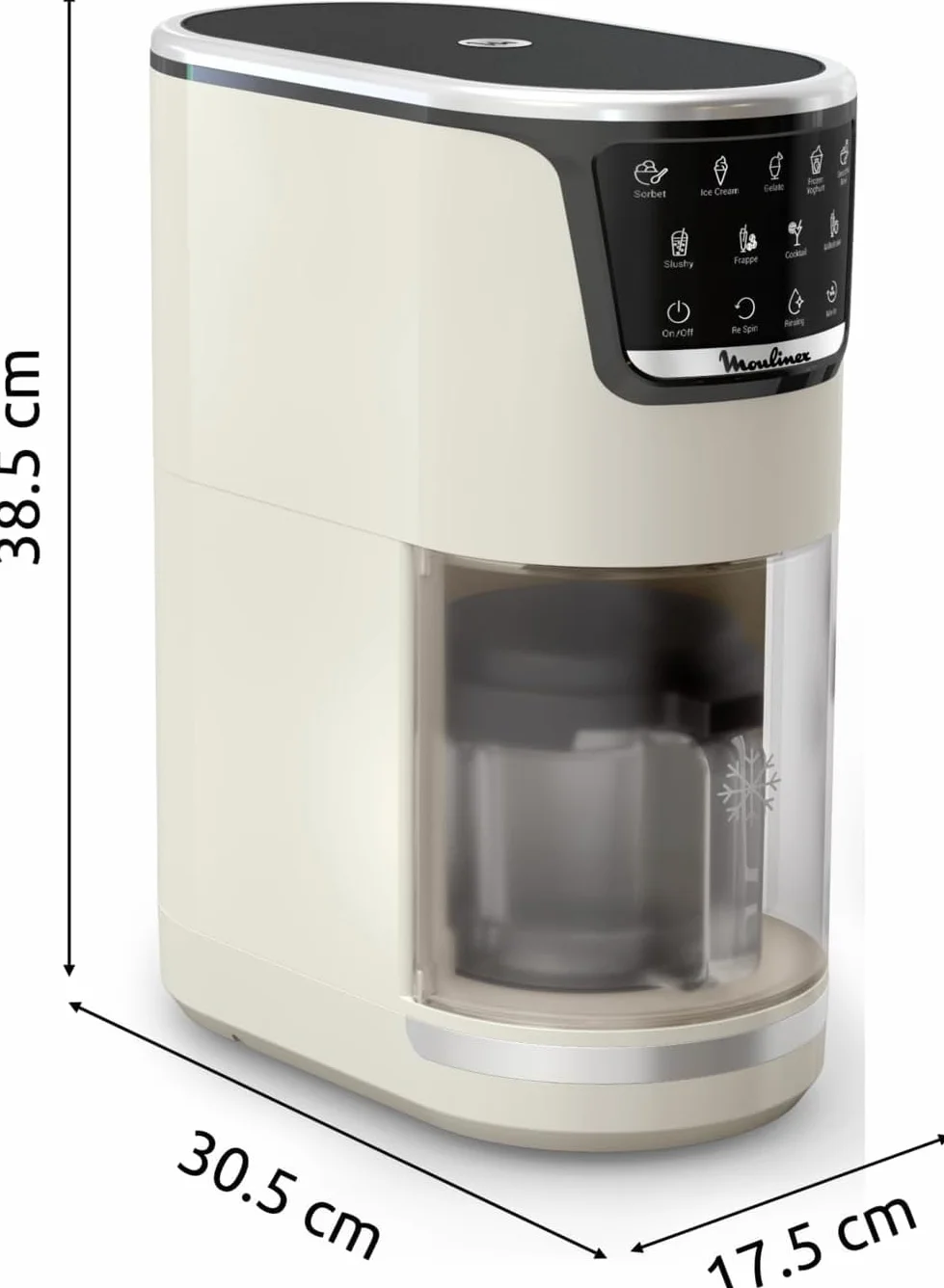 Moulinex Dolci, Heladera, 10 programas en 1, Limpieza con aclarado automático, Tecnología 1 Step Perfector, Hasta 1,4L de helado con los 3 boles de Tritan, Incluye cuchara helado, Blanca, MJ604AF0