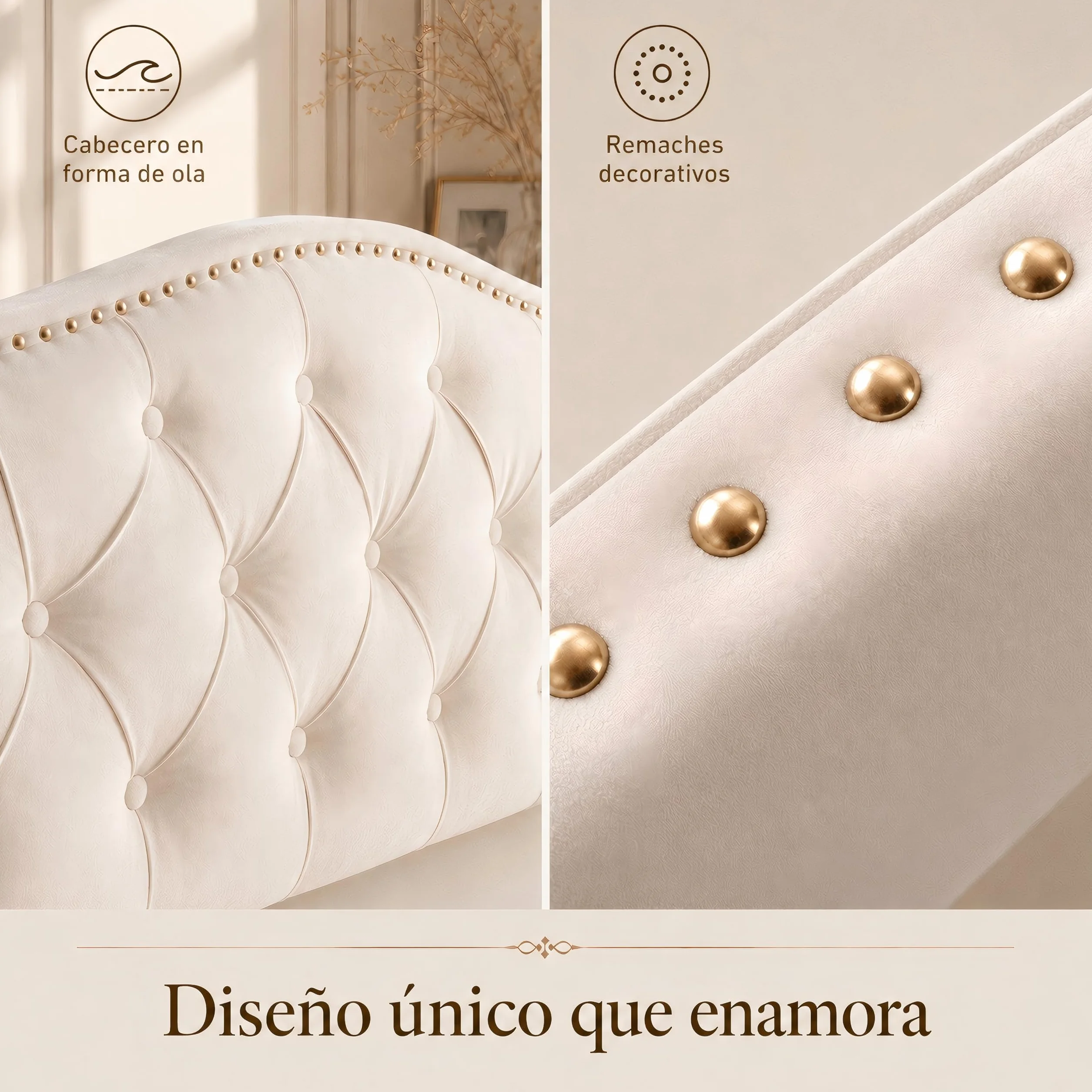 Cama Tapizada 140x200 cm con Canapé Abatible y Somier, Estructura de Cama Doble de Terciopelo con Espacio de Almacenaje, Cabecero Ondulado con Remaches, Soporta 250 kg, Blanco Crema (Sin Colchón)