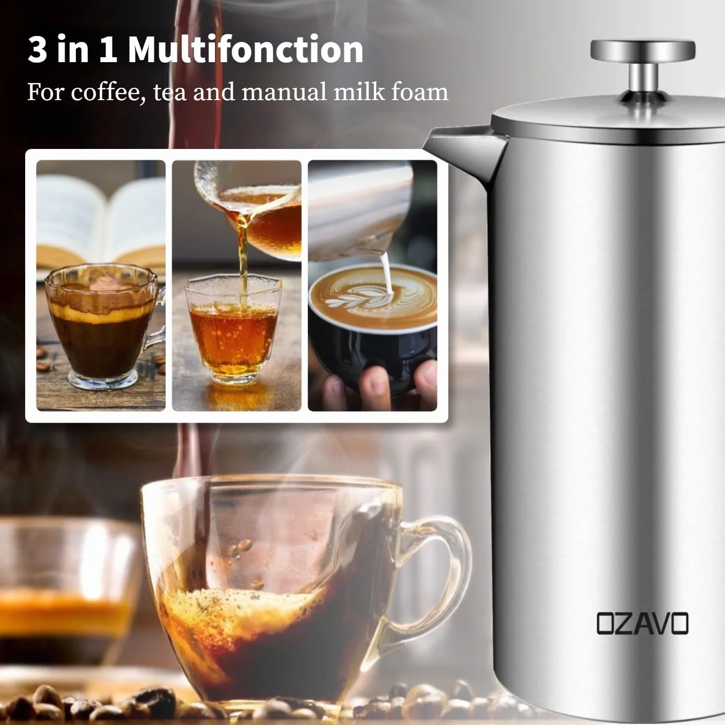 Cafetera de Émbolo Individual Prensa Francesa Acero Inoxidable 1L Plateado