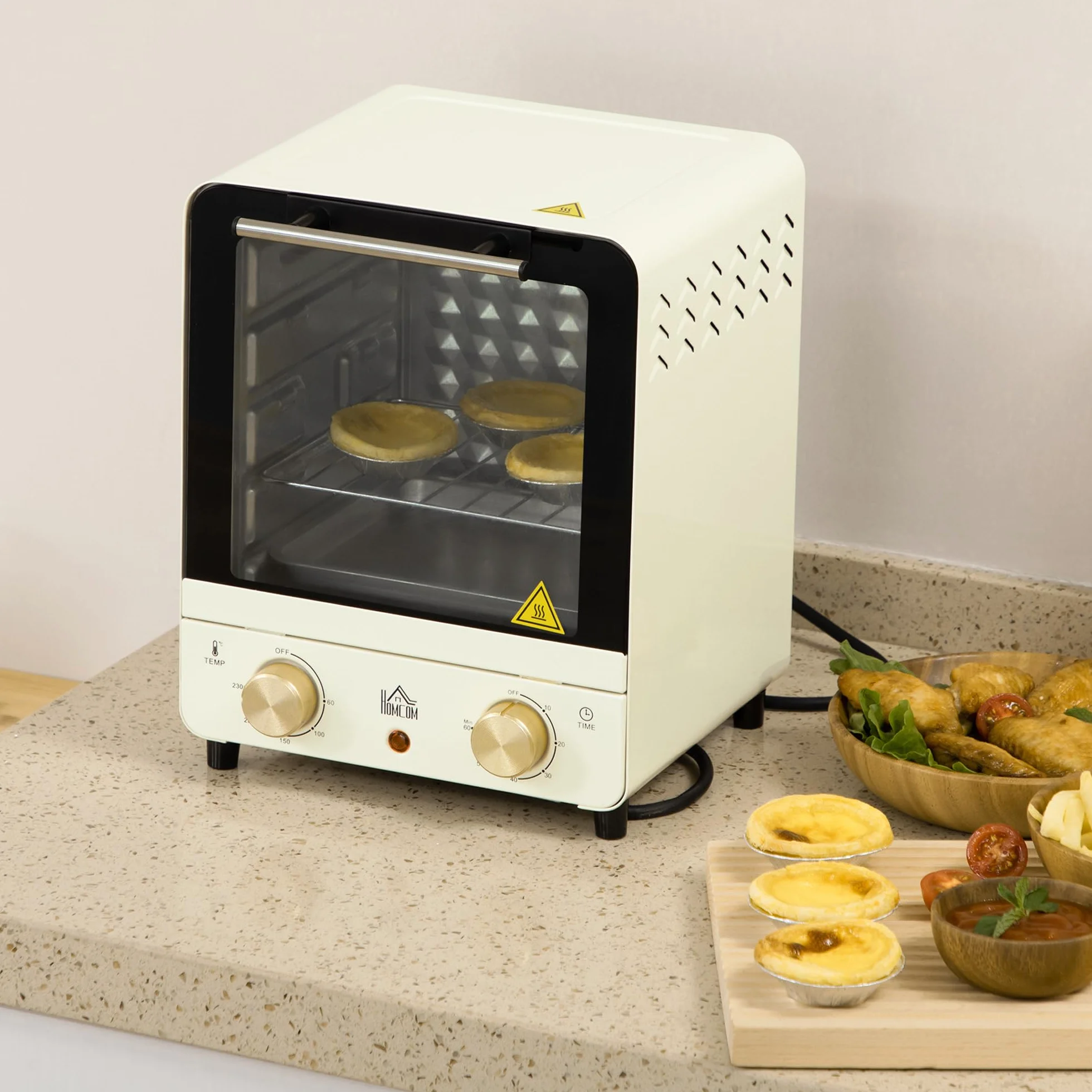 HOMCOM Horno Eléctrico Sobremesa 15 Litros 1000W Horno Portátil Mini Horno con Temperatura hasta 230 ℃ Temporizador Bandeja y Rejilla 25,5x27,5x32 cm Crema