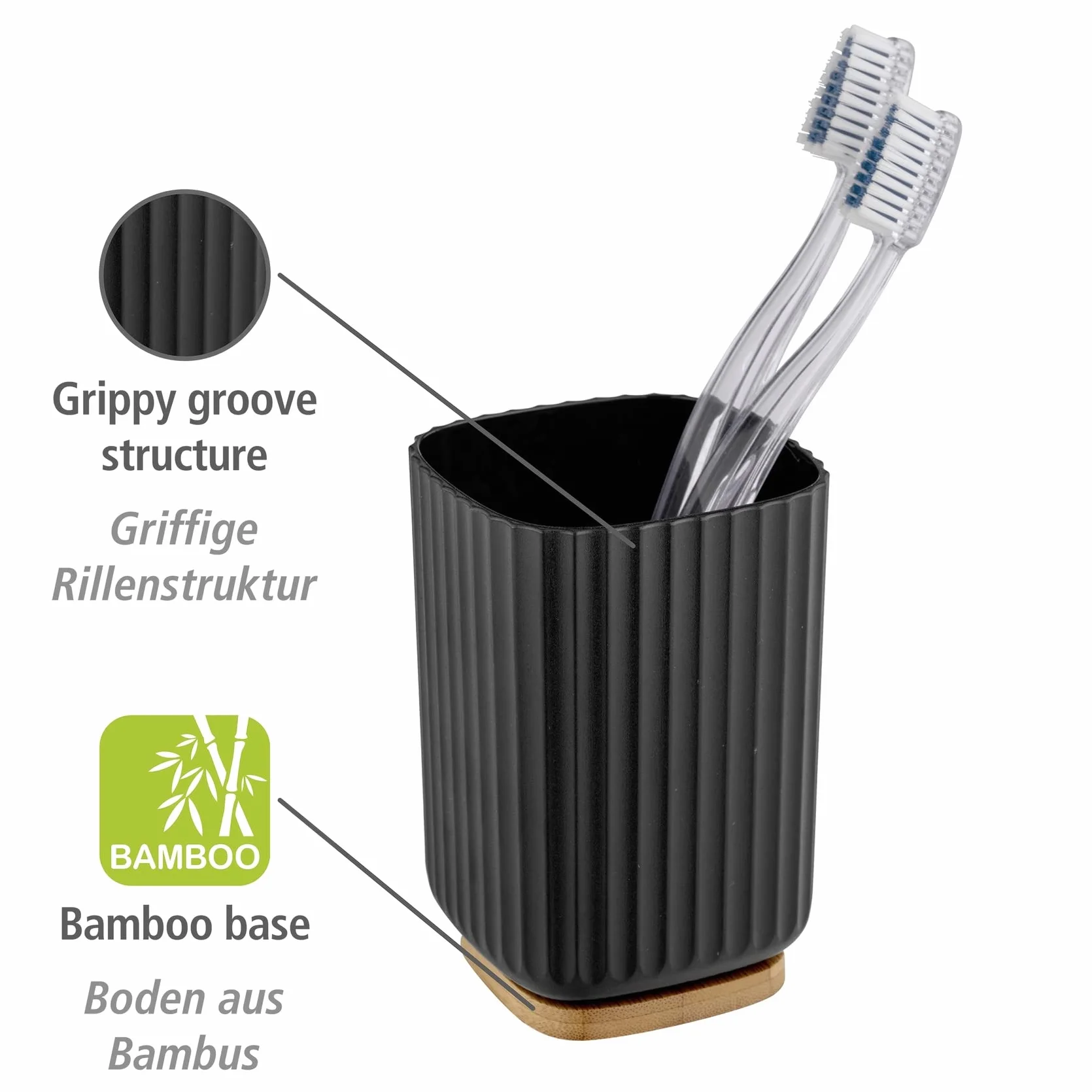 WENKO Vaso para cepillo de dientes Rotello, de plástico, para cepillos de dientes, y base de bambú, para guardar utensilios, con estructura acanalada de fácil sujeción, Ø 8,6 x 11,1 cm, negro/natural