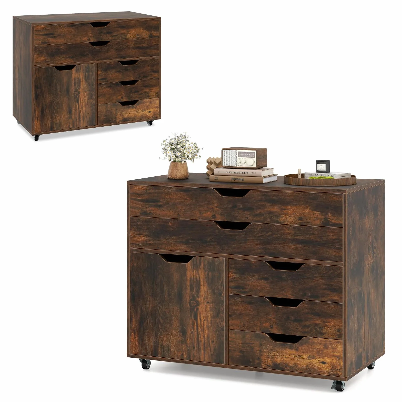 KOMFOTTEU Archivador Móvil con 5 Ruedas, Soporte para Impresora con 5 Cajones en 2 Tamaños y Armario con Puerta, Mueble de Almacenaje para Oficina, Cajonera Escritorio, 77,5 x 40 x 64 cm (Marrón)