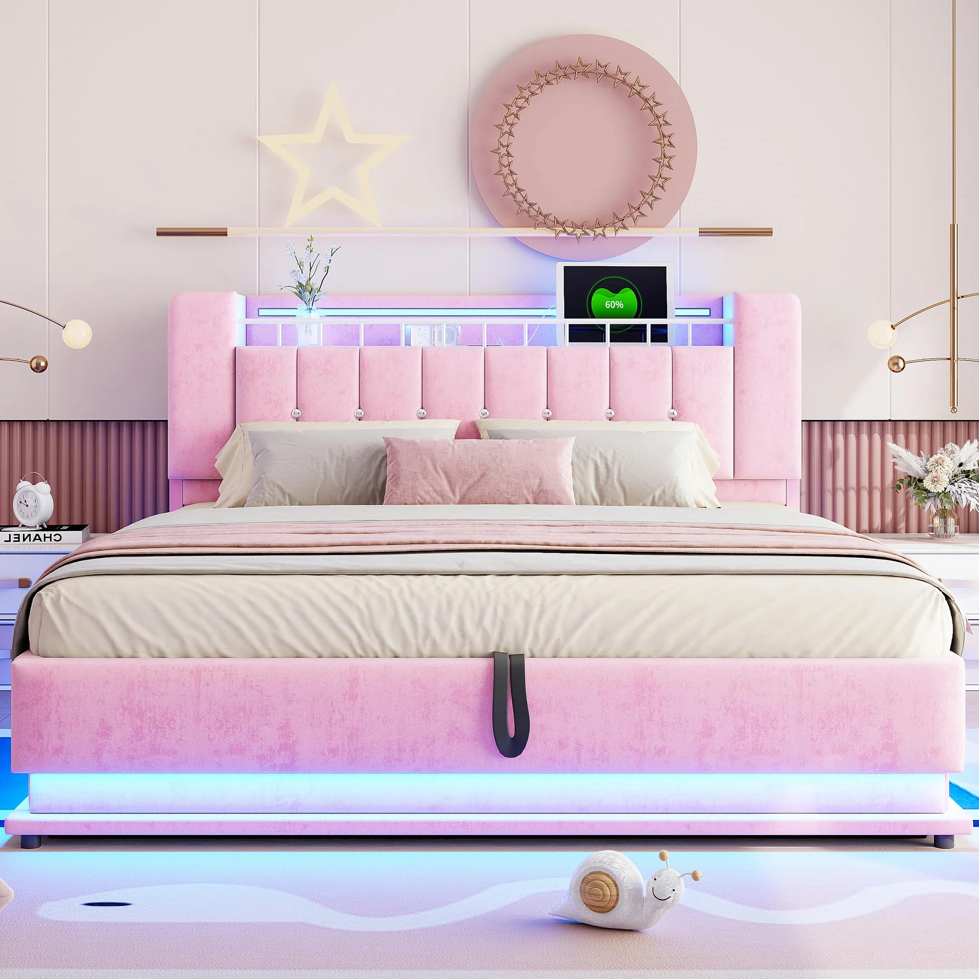 Kebnor Cama tapizada inteligente con iluminación LED, USB y almacenamiento hidráulico, funda de terciopelo suave y marco de metal (rosa, 180 x 200 cm)