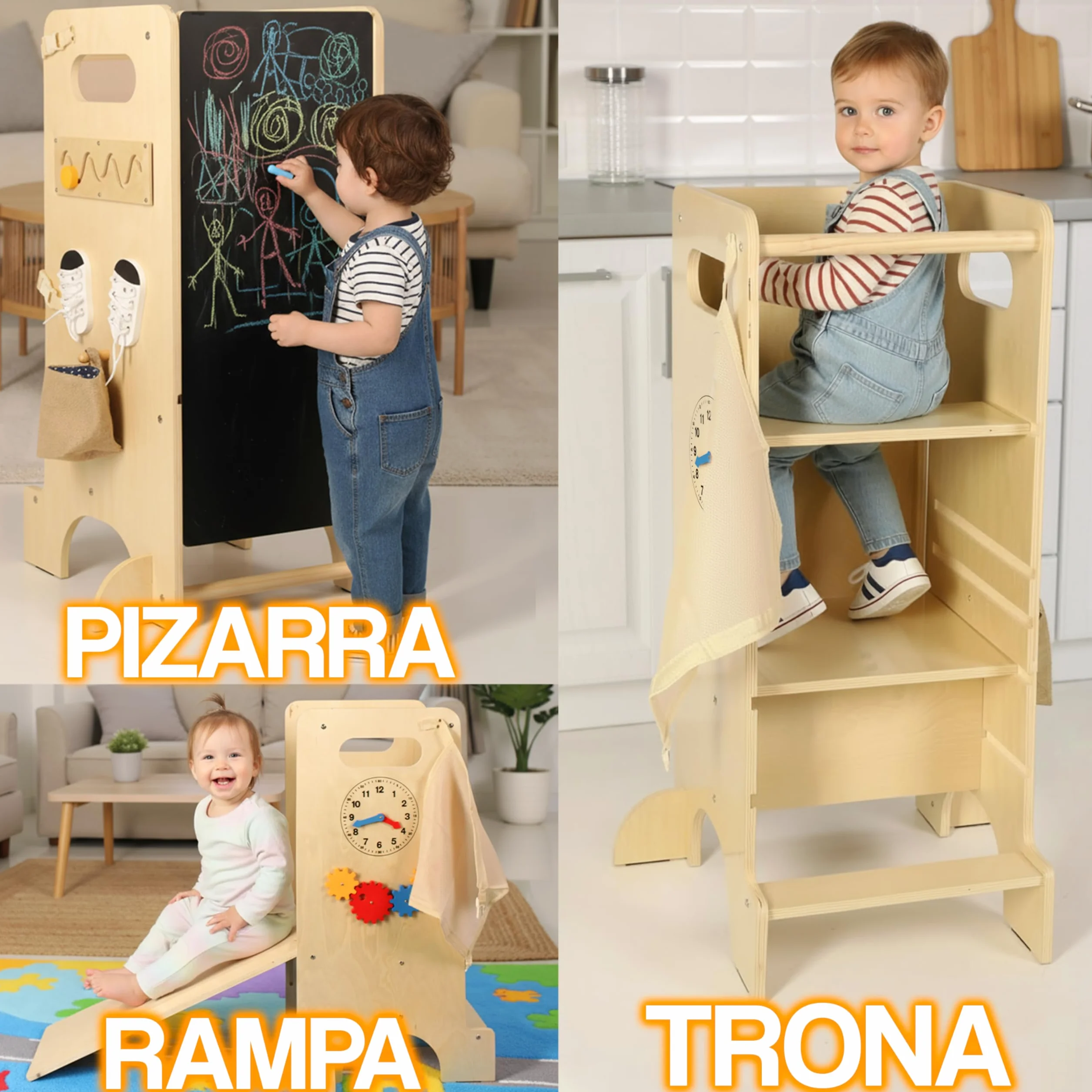 Torre de Aprendizaje Montessori de Madera Multifuncional con Juegos Sensoriales Infantiles