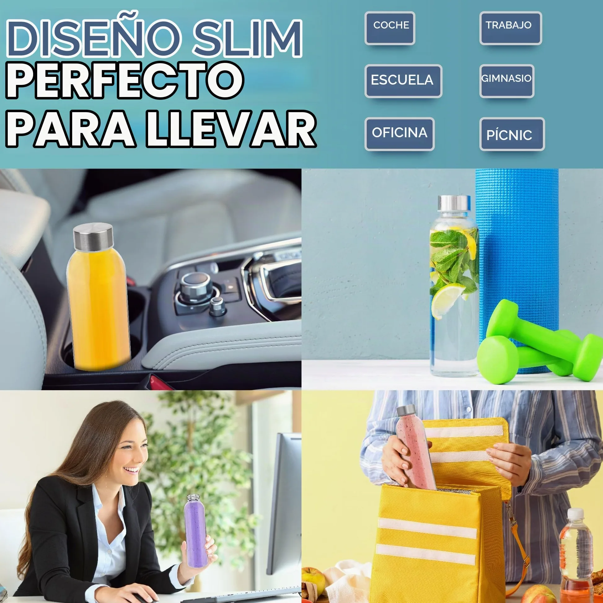 HEFTMAN Botellas de cristal de 500ml con tapa, botella de agua de vidrio vacía, hermética, a prueba de fugas, tapa de acero inoxidable, agua, batidos, botellas de zumo para trabajo, gimnasio, hogar