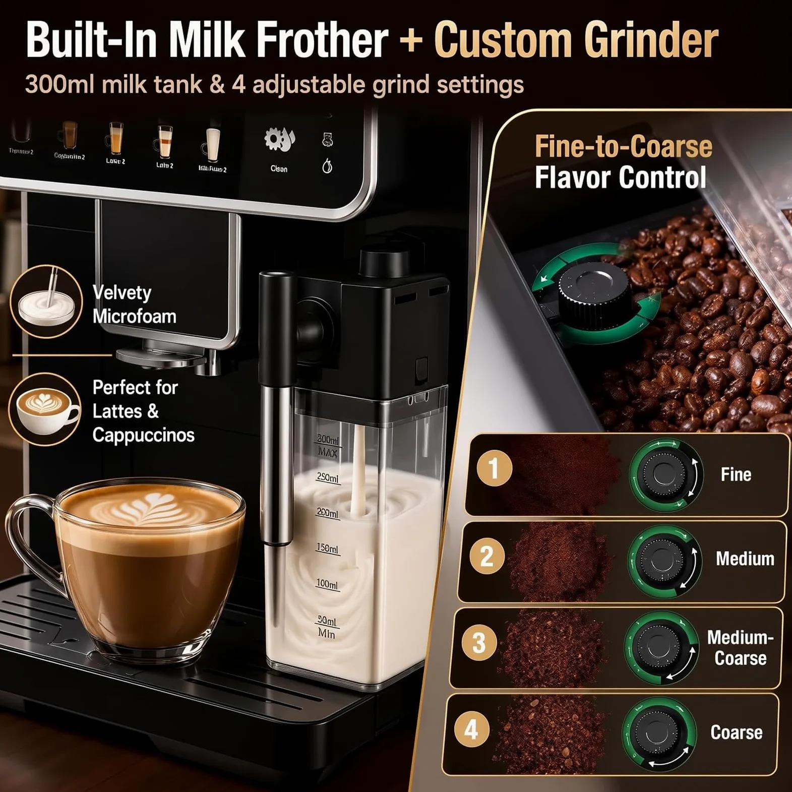 Máquina De Café Espresso Con Bomba De 15 Bares Y Espumador De Leche Con | Cafetera Espresso Automática Con Molinillo De Granos Calentamiento De 1350W Depósito De Leche Sistema De Limpieza(A)