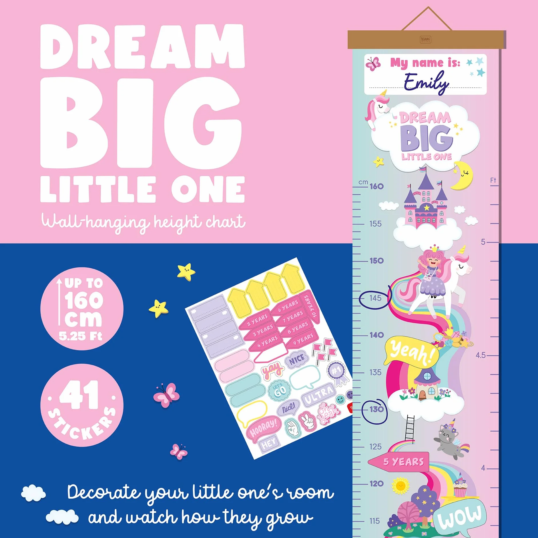 Legami Metro de Pared Dream Big Little One para Medir Altura Niños 160 cm 41 Pegatinas Listones Madera Unicorn