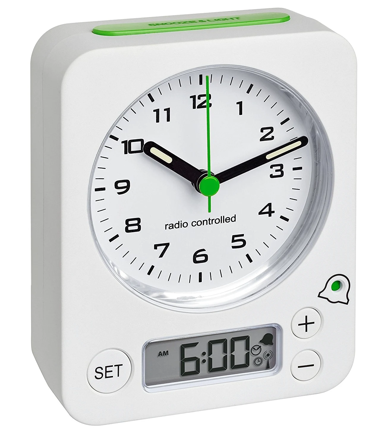 TFA-Dostmann 60.1511 Radio Despertador Combo Reloj Despertador de Viaje analógica, Blanco-Verde con baterías
