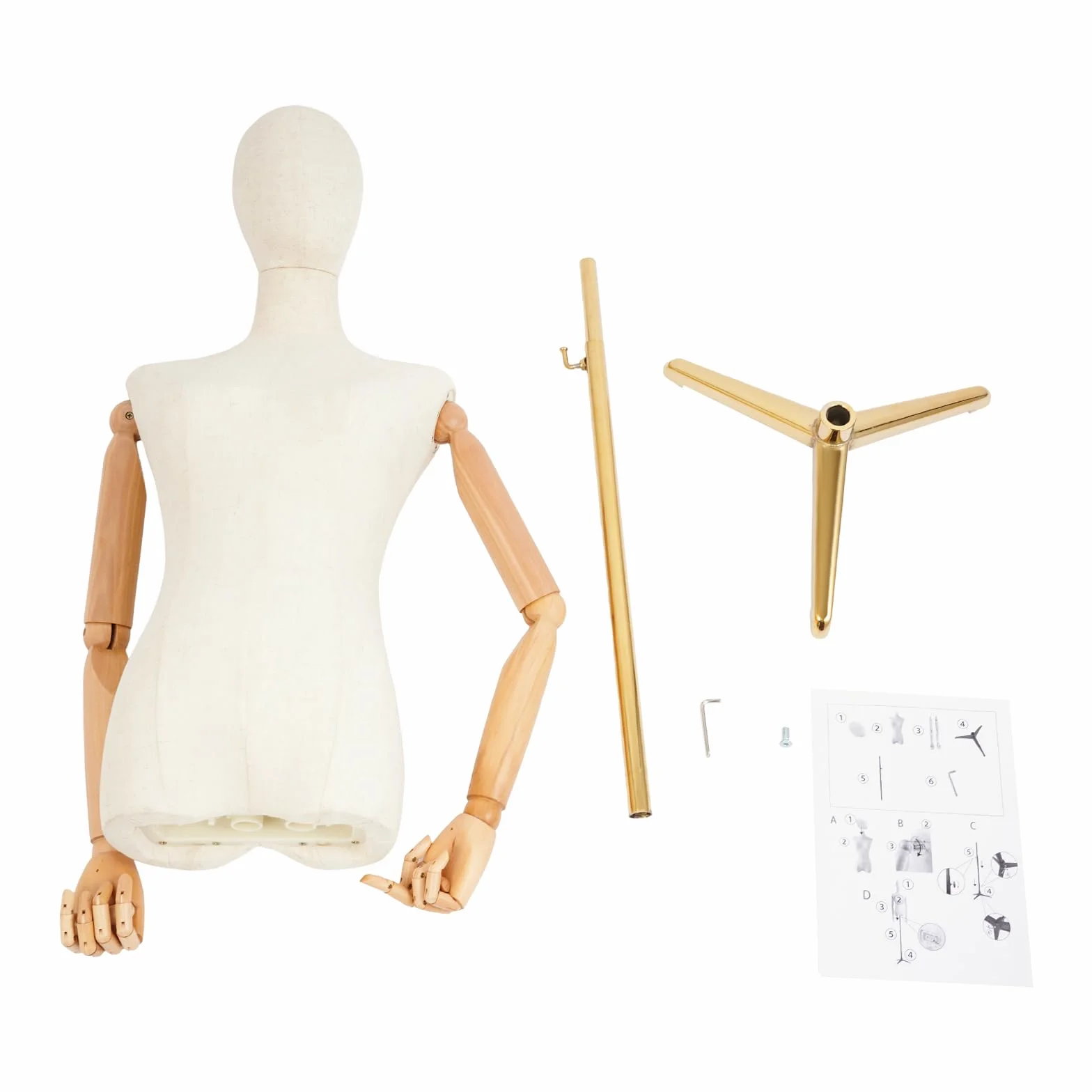 Maniquí femenino con pantalla de cuerpo de maniquí de altura ajustable con brazos flexibles (dorado, 157 cm - 215 cm)