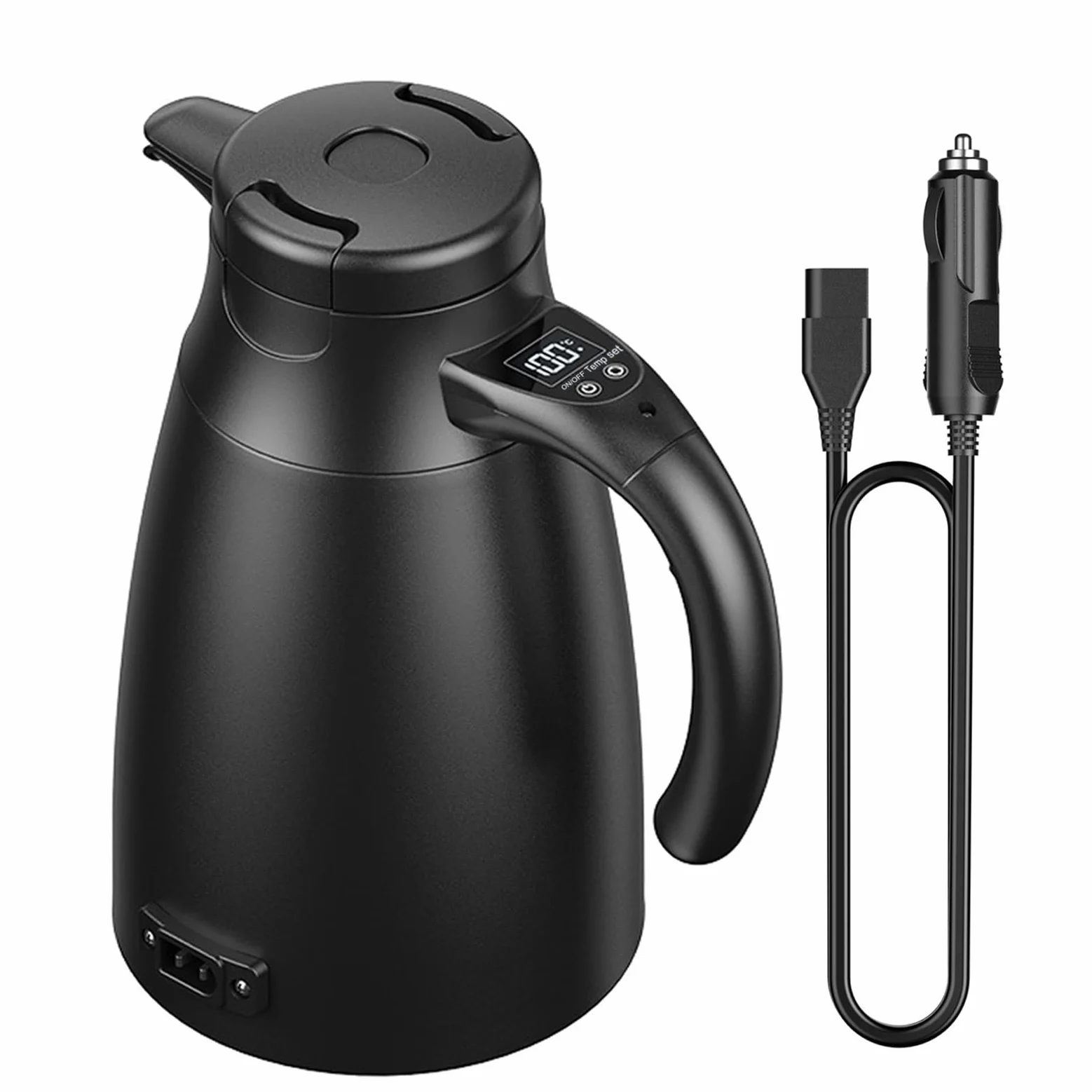 Hervidor de agua de viaje para coche, 12 V/24 V, 1,2 litros, de acero inoxidable, eléctrico, portátil, con encendedor de cigarrillos, hasta 100 ℃ con pantalla LCD para agua caliente, café, té, coche