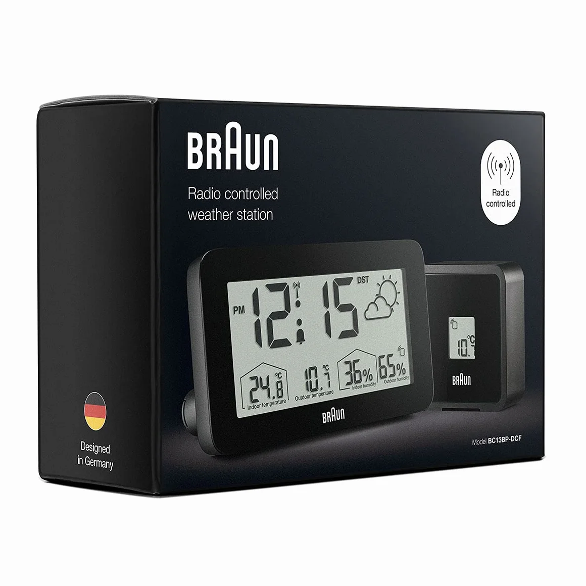Estación meteorológica y reloj digital controlado por radio Braun para la zona horaria de Europa Central (DCF) con temperatura y humedad, pronóstico del tiempo, pantalla LCD, negro, modelo BC13BP-DCF.