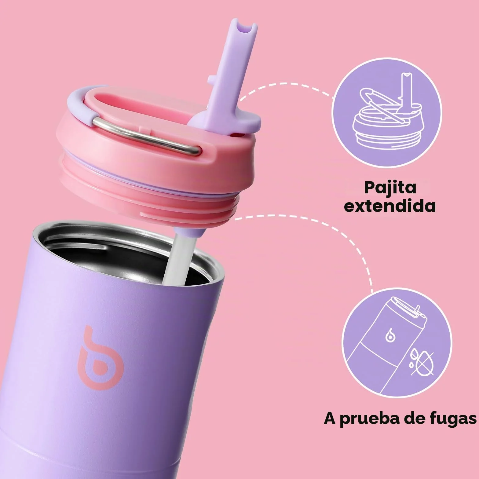 Botella de agua aislada de acero inoxidable 700 ml con popote, tapa y asa - para deportes, viajes, gimnasio (lila)