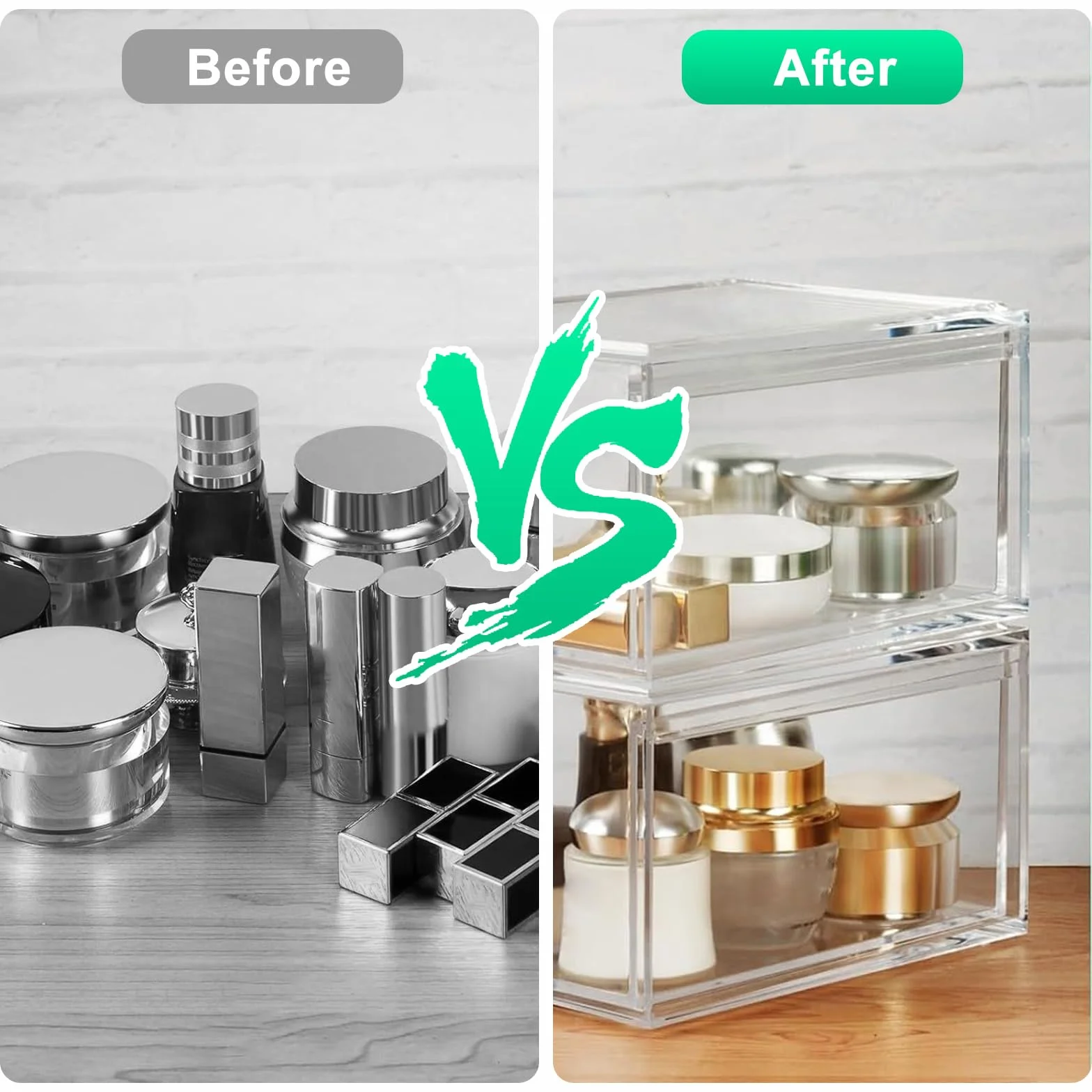 2 Organizadores de Cajones para Baño, Organizador de Baño y Cosméticos, Cajón de Acrílico Transparente, Blanco