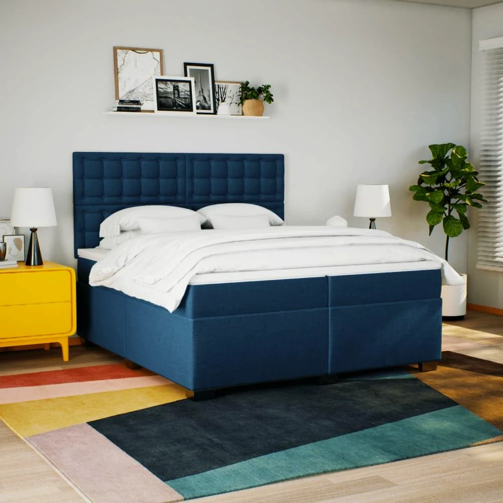 Cama con somier con colchón, azul, 200 x 200 cm, tela, cómoda cama tapizada con iluminación LED, cabecero regulable en altura y colchón de muelles ensacados para dormitorio