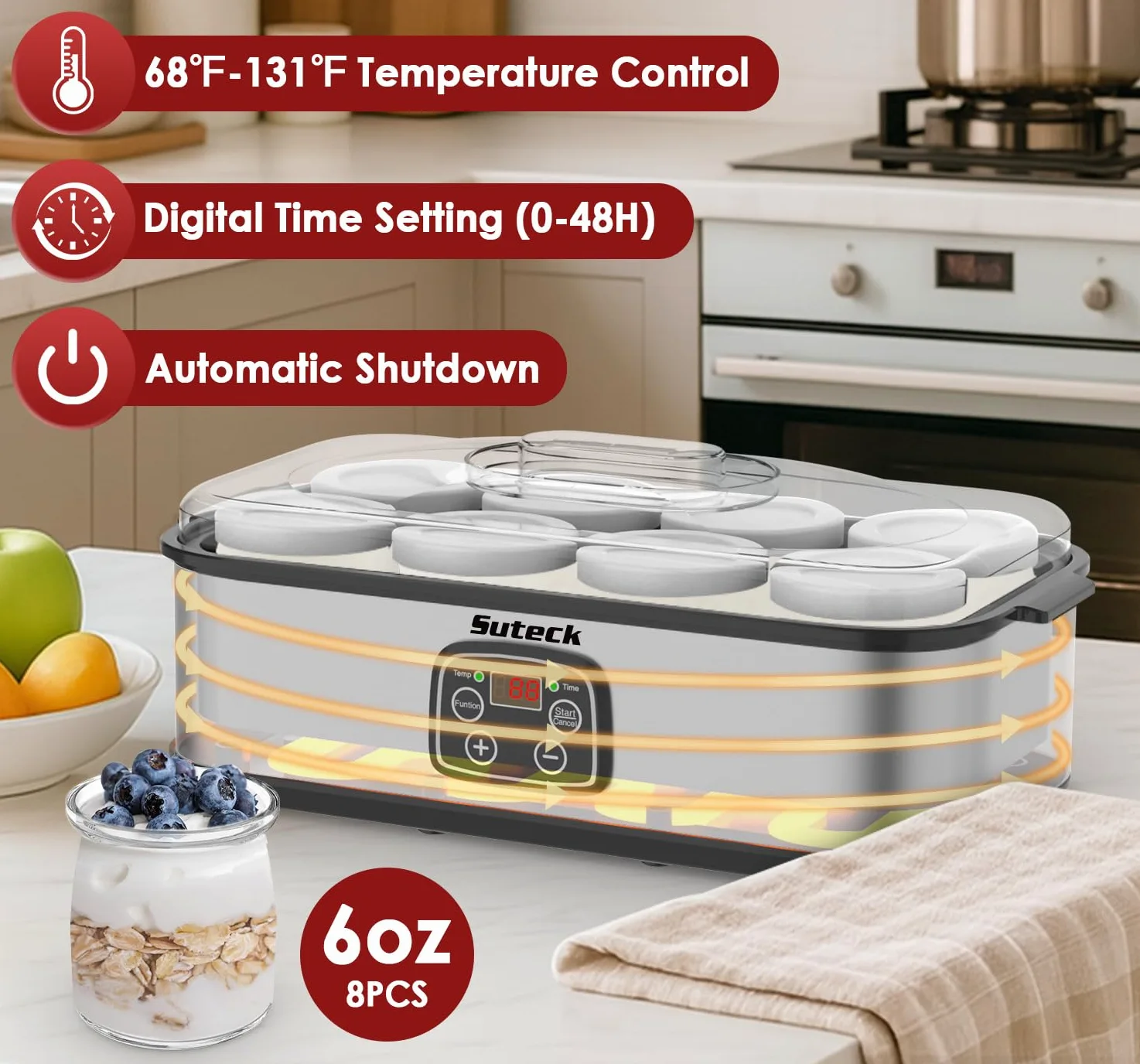 Suteck Máquina de yogur de acero inoxidable con control de tiempo y temperatura ajustable, apagado automático y temperamento constante para yogur griego, probiótico, sin BPA, 8 botellas