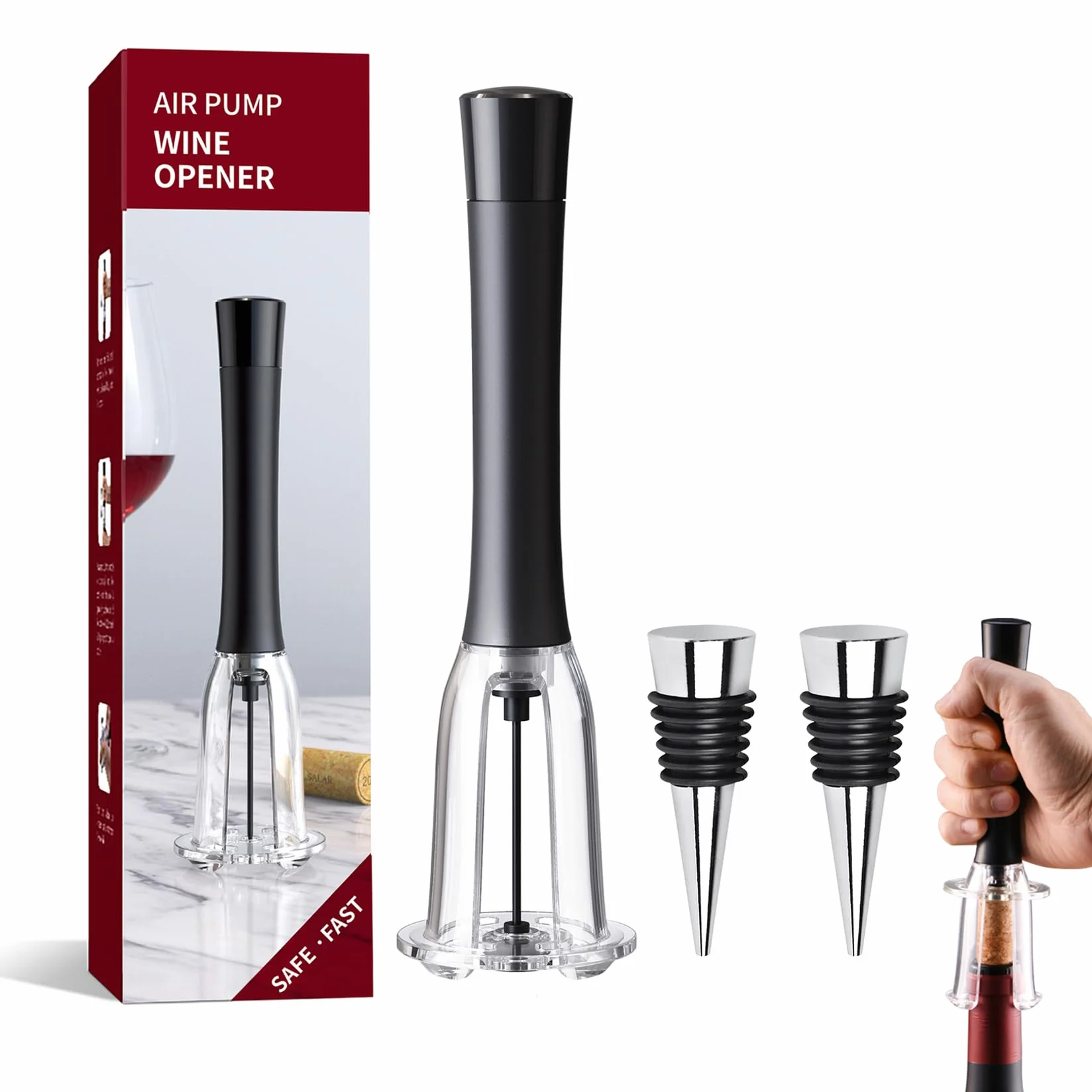 Sacacorchos de Presión de Aire, Profesional Abridor de Vino con 2 Reutilizables Tapones de Botella, Abrebotellas Portátil y Práctico para Hogar Viajes, Regalo para Amantes del Vino