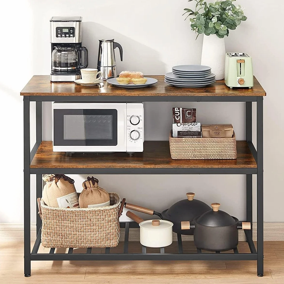 GarveeHome - Isla de Cocina con Gran encimera de 3 Niveles, 105 x 40 x 90 cm, Estante de 3 Niveles de Acero Resistente con Bandeja Grande, Montaje rápido para Sala de Estar, Oficina y Cocina