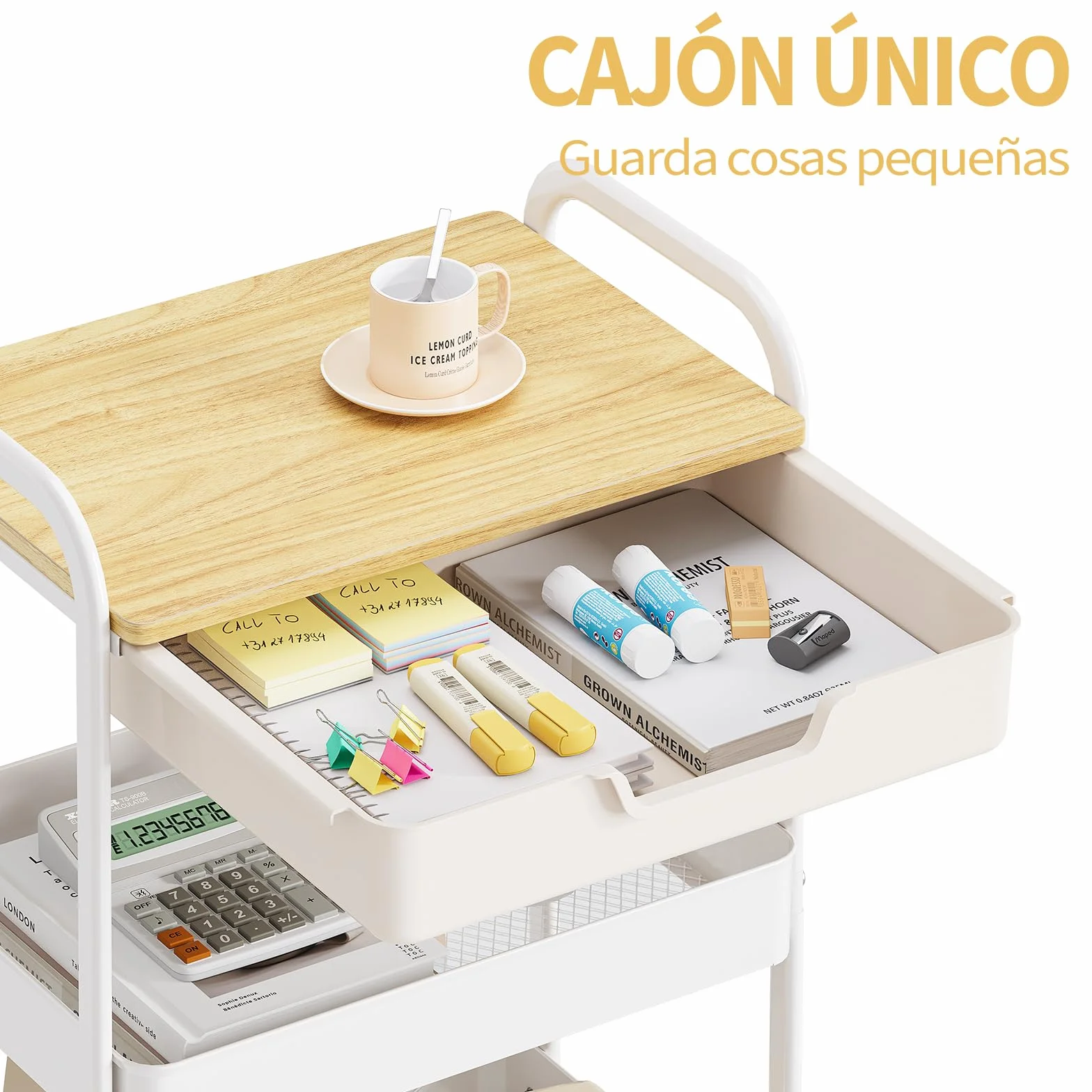 KINGRACK Carro Auxiliar de Cocina de 3 Niveles, Carrito verdulero con Asa, Ruedas, y cajones, para baño peluqueria, con Tapa de Madera, Blanco WKUK830549-1