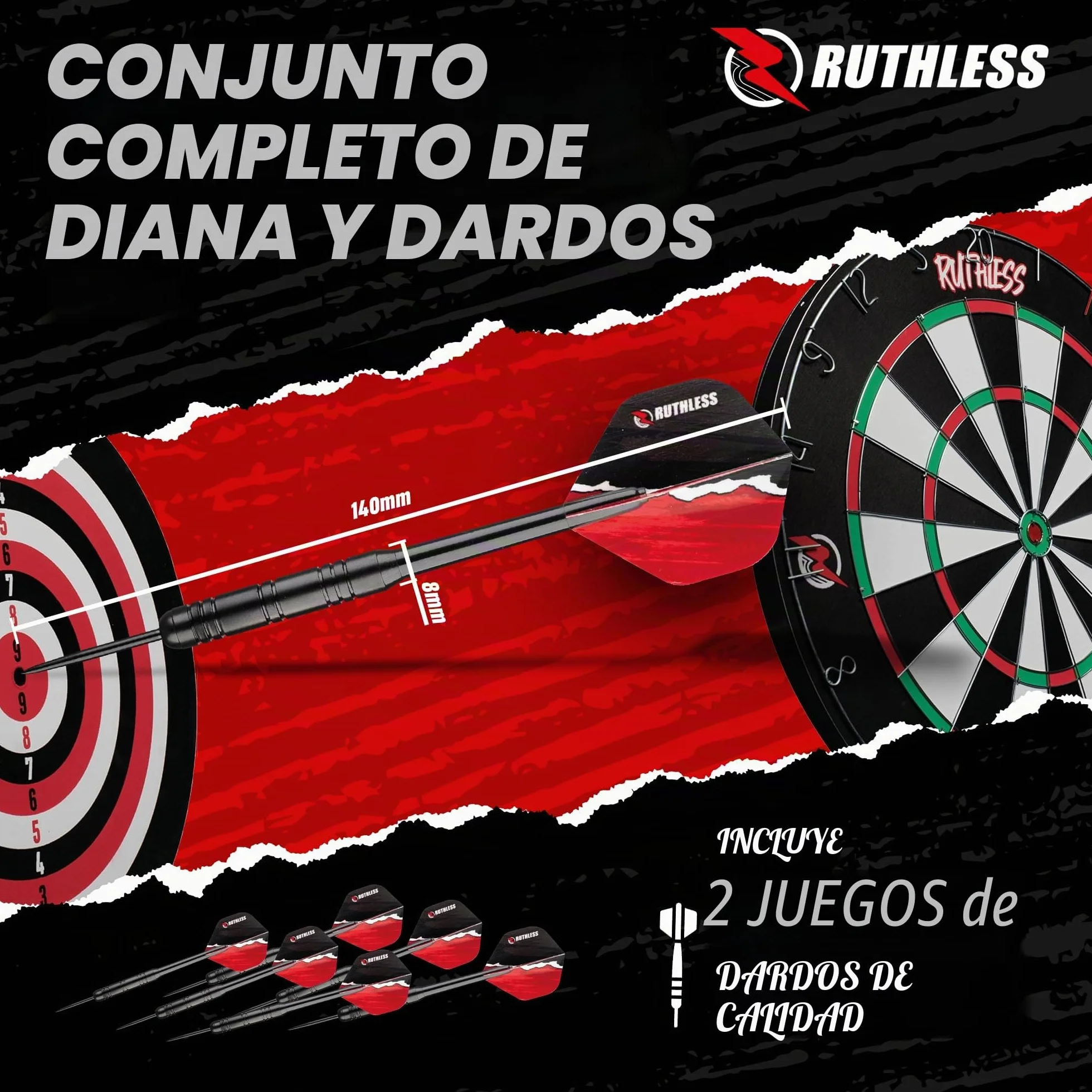 Ruthless Rivals DB074 Juego de mesa de dardos de doble cara 18 pulgadas diana familiar con 2 juegos de dardos