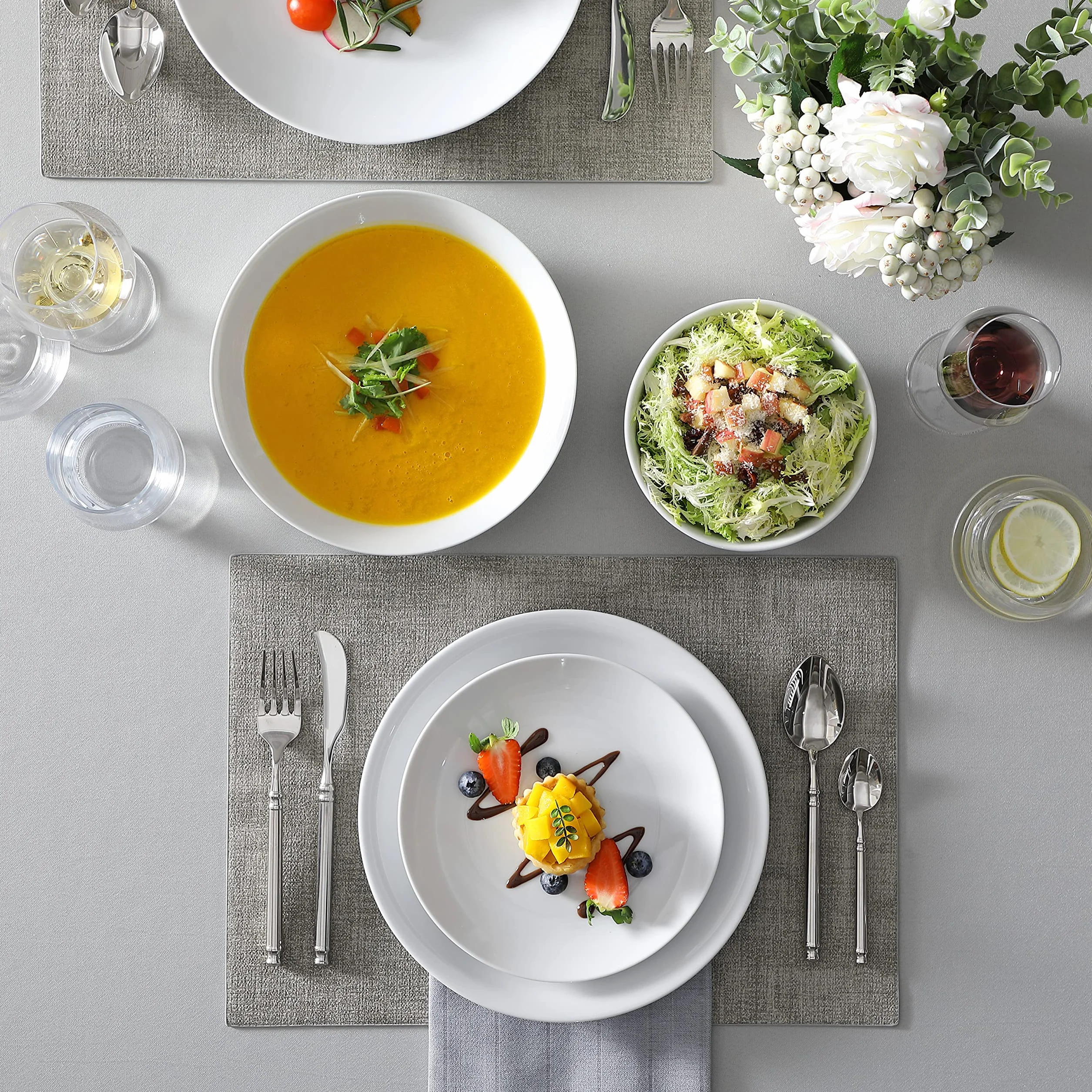 MALACASA AMELIA Vajillas Completas 6 Personas, 24 Piezas – Juego de Porcelana Gourmet Moderna con 6 Platos Llanos, 6 Platos de Postre, 6 Cuencos y 6 Platos Hondos, Apto para Microondas y Lavavajillas