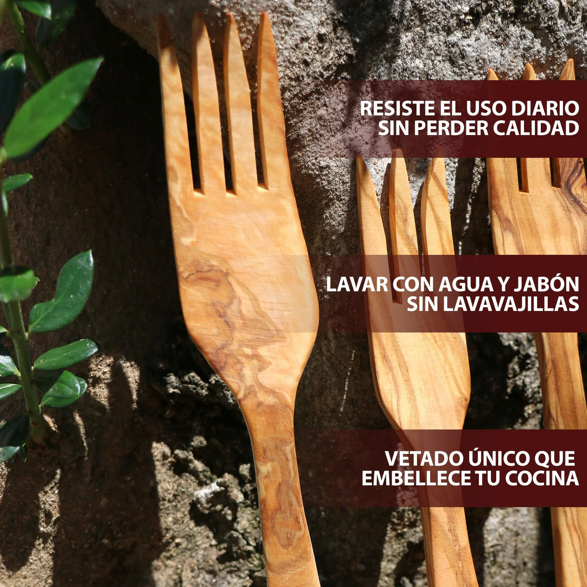 Tenedor De Puntas Finas Estilo Valenciano | Fabricado A Mano En España, Madera Natural De Olivo Resistente Con Propiedades Antibacterianas | Útil Para Servir O Comer