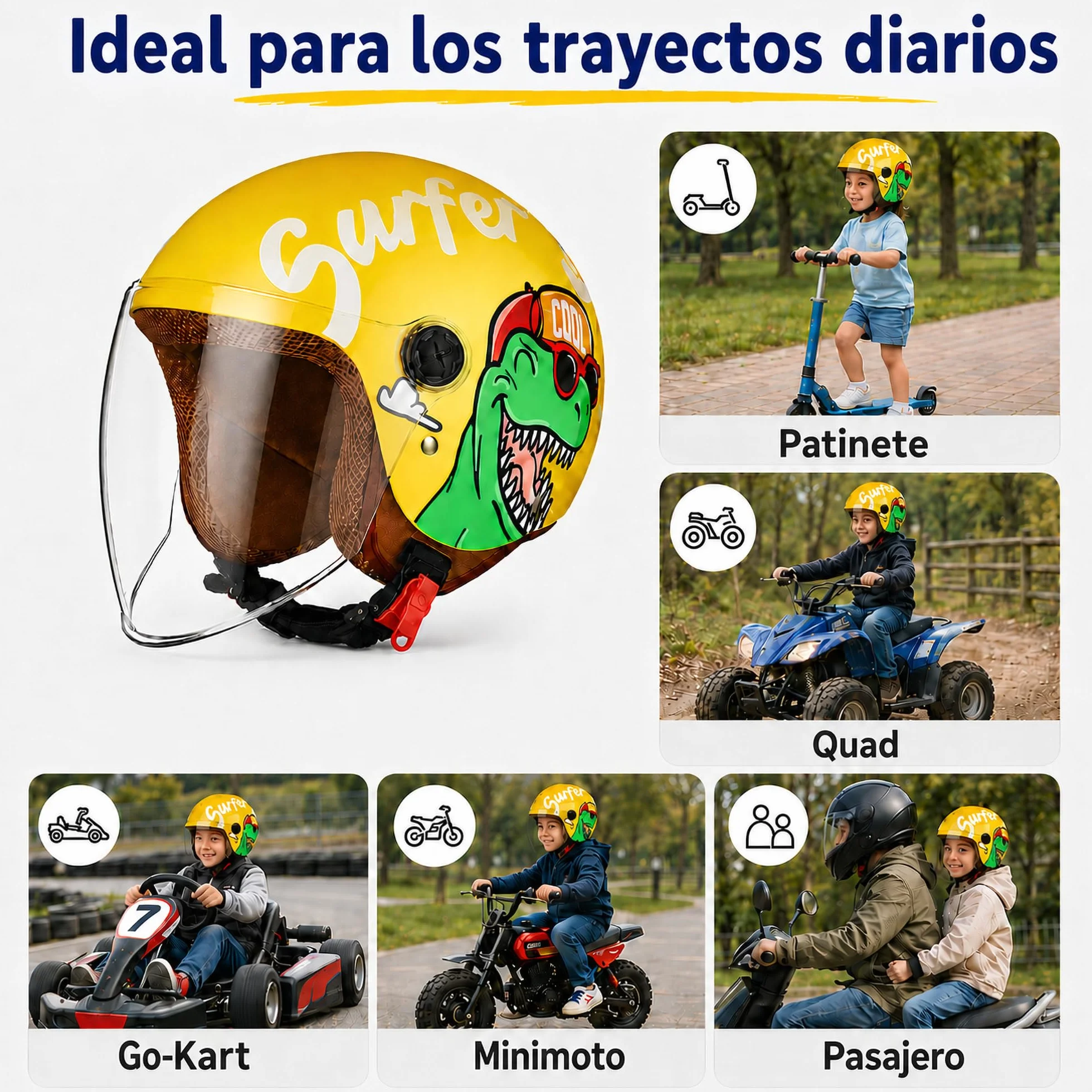 Casco Moto Niño Jet con Visera Cierre Rápido Desmontable Lavable 48-55cm Amarillo